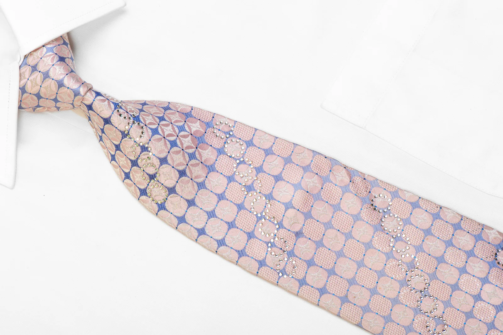 Pink Geometric On Blue Rhinestone Silk Necktie With Sparkles - Image 2