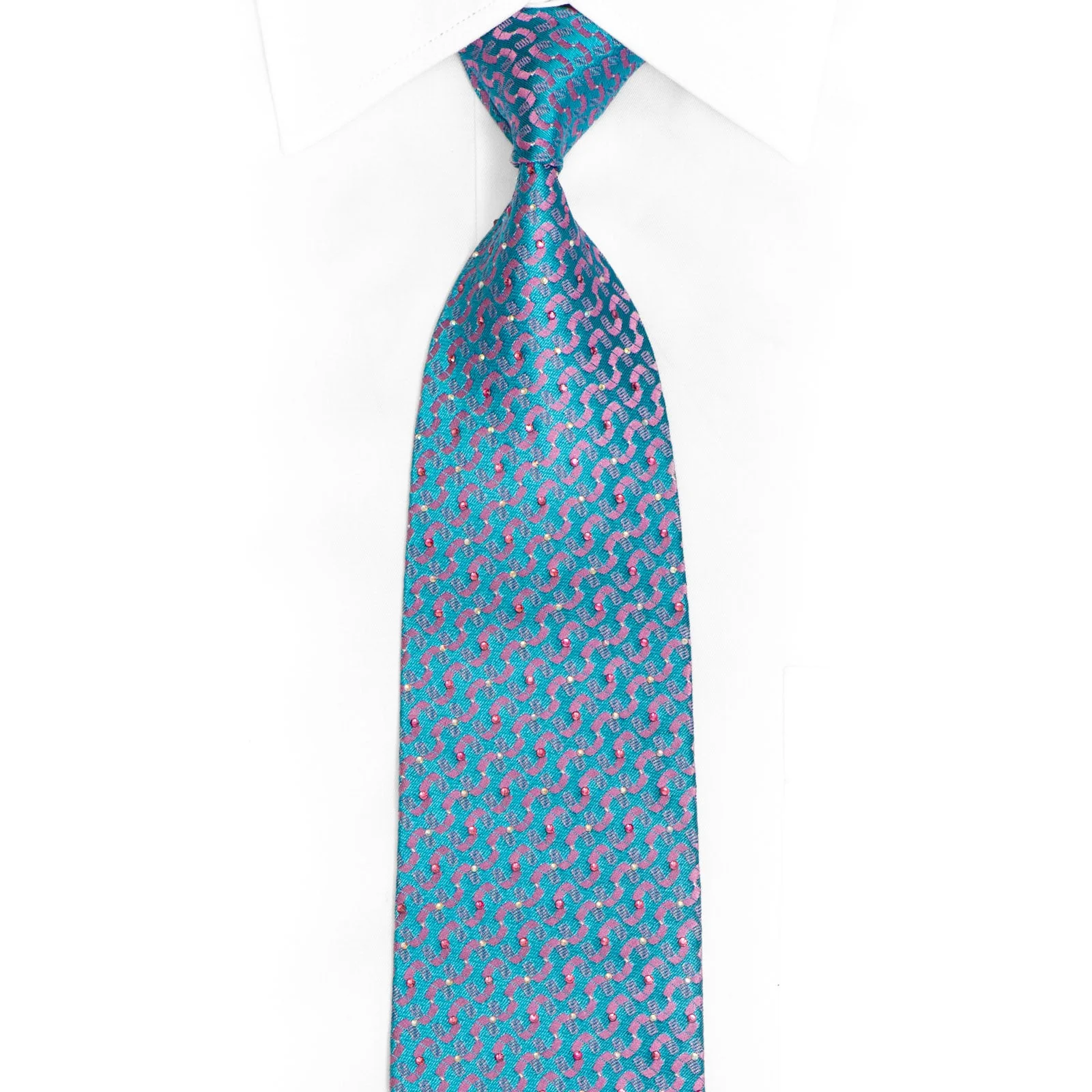 Pink Geometric On Blue Rhinestone Silk Tie With Silver Sparkles