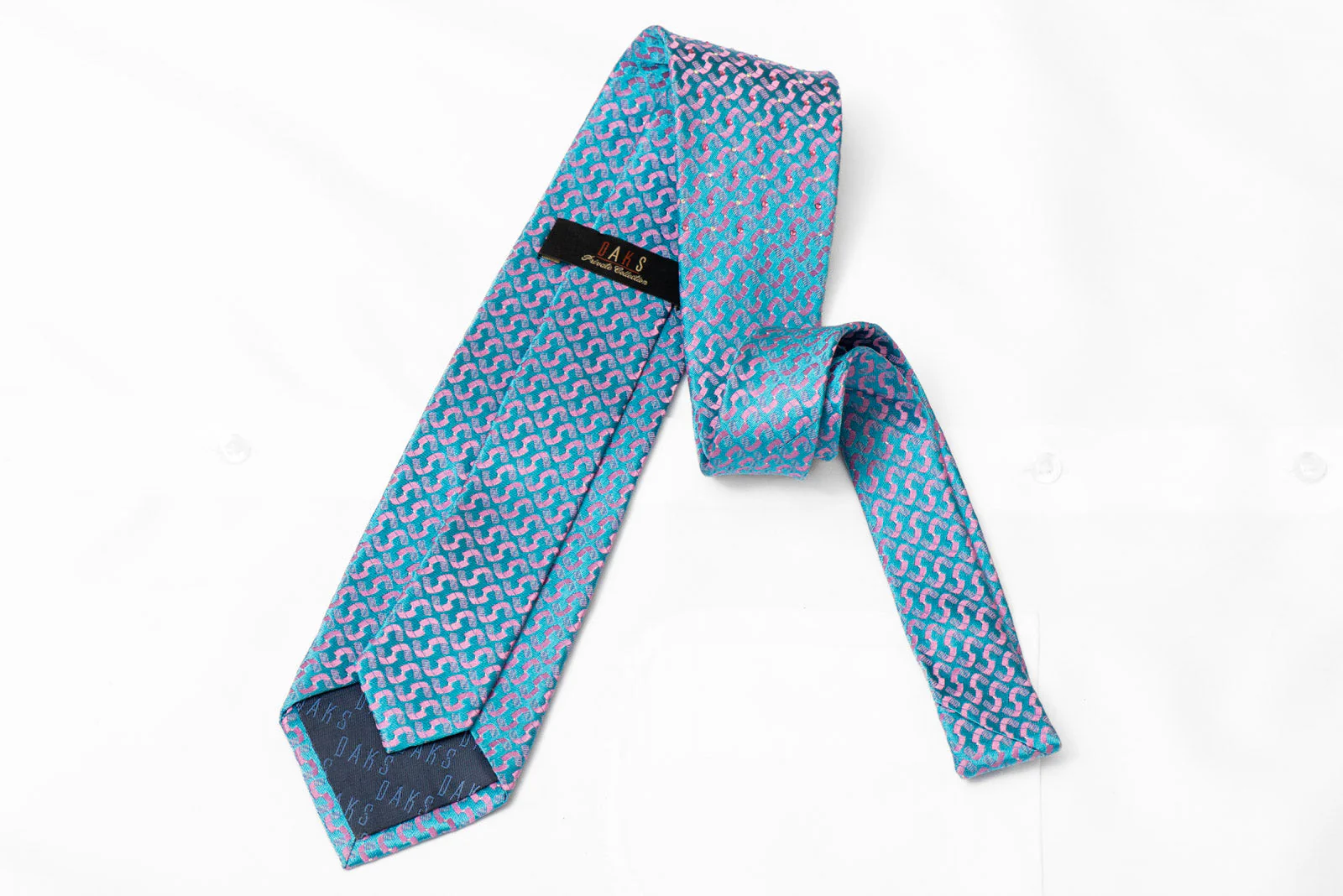 Pink Geometric On Blue Rhinestone Silk Tie With Silver Sparkles - Image 3