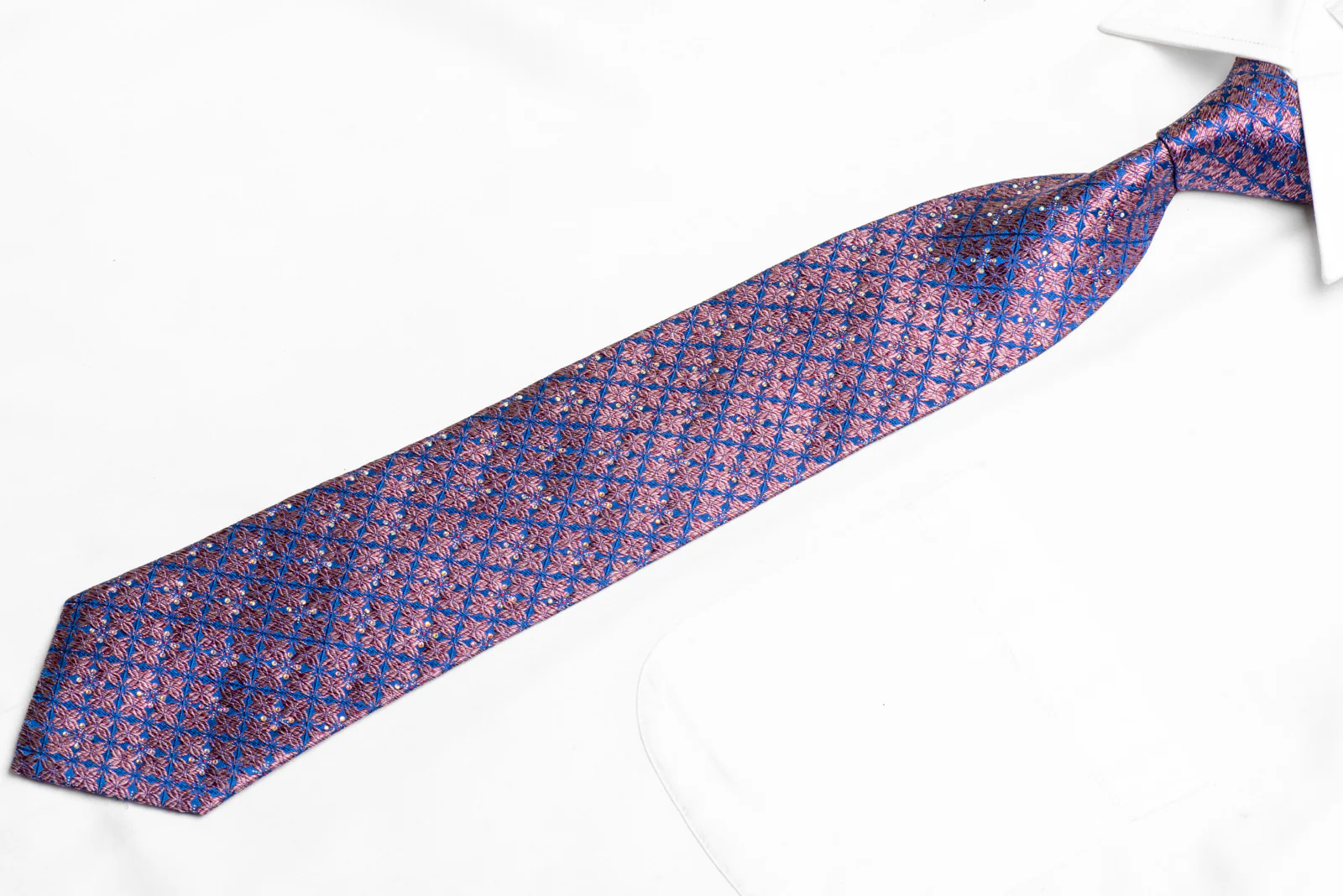 Pink Geometric On Blue Rhinestone Tie With Silver Sparkles - Image 3
