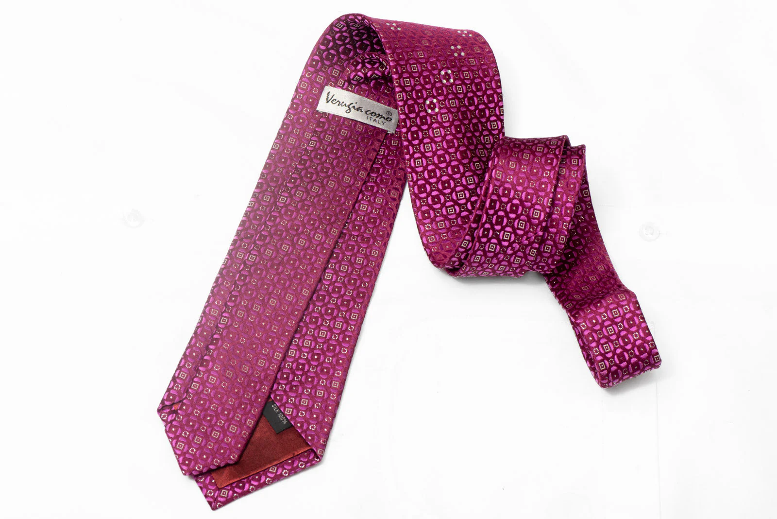 Pink Geometric On Burgundy Rhinestone Silk Necktie With Silver Sparkles - Image 3