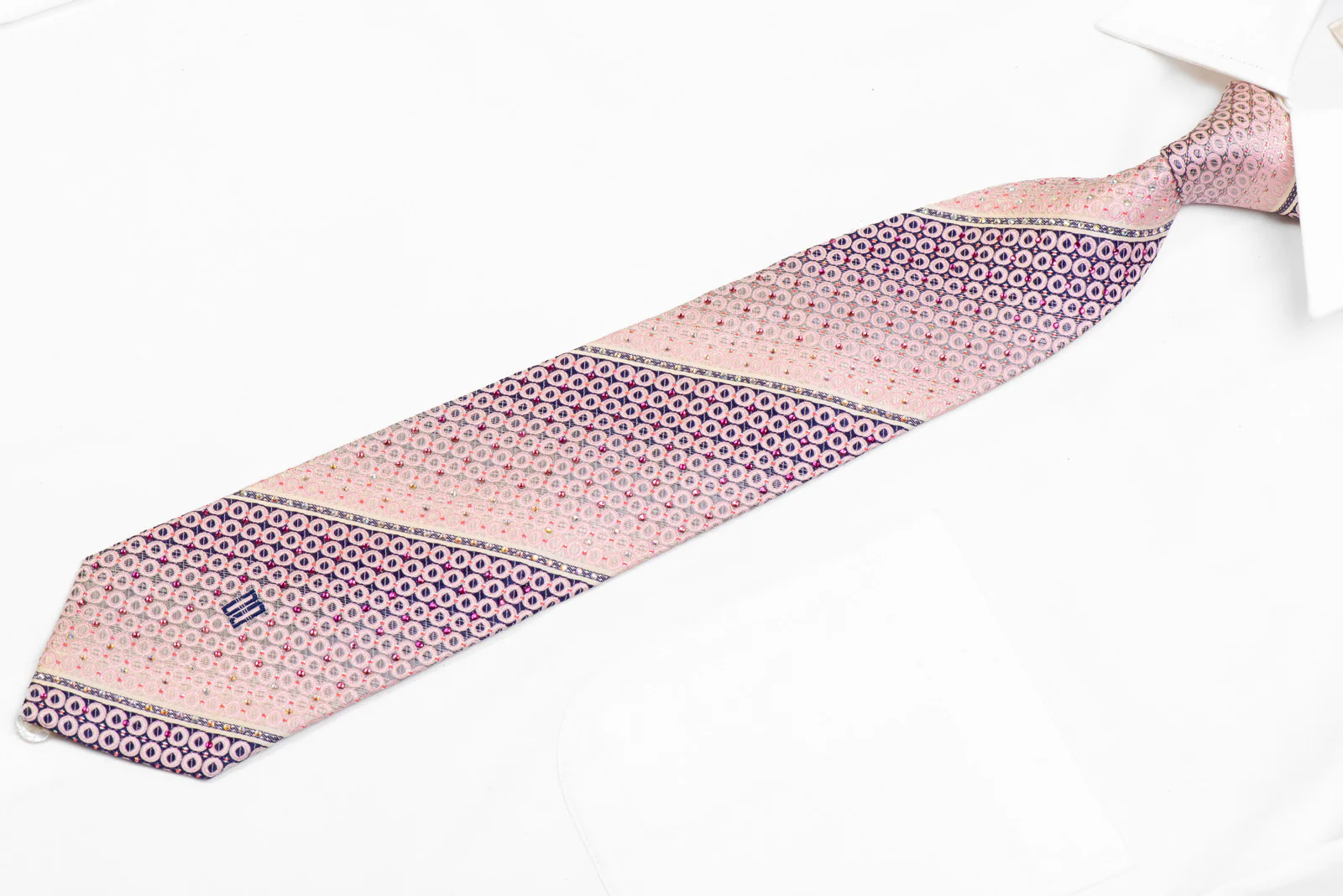 Pink Geometric Striped On Navy Rhinestone Tie With Sparkles - Image 3