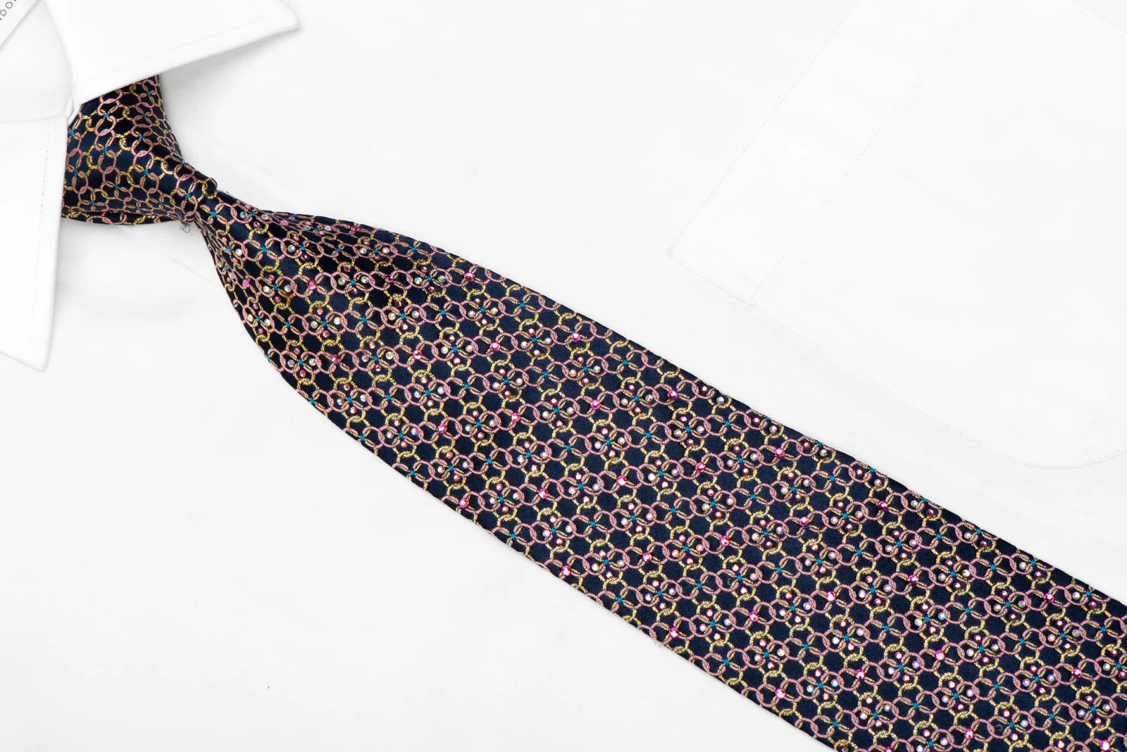Pink Gold Interlocking Circles On Navy Silk Necktie With Gold Sparkles - Image 2
