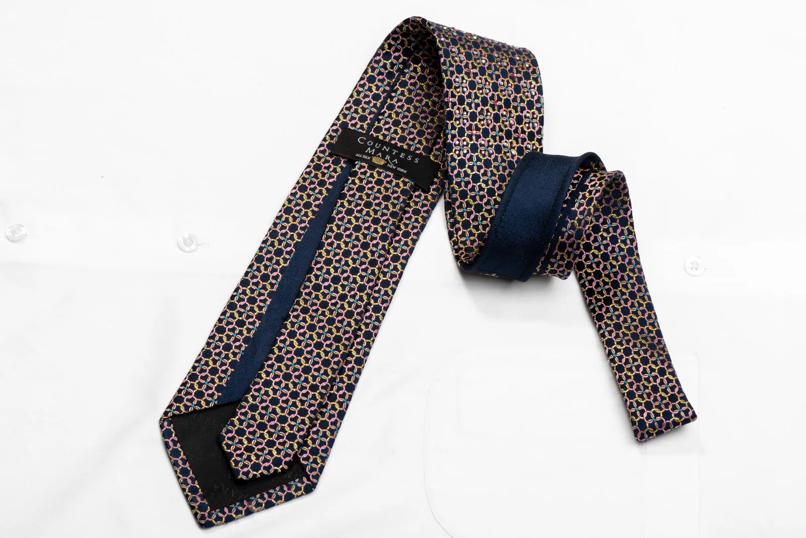 Pink Gold Interlocking Circles On Navy Silk Necktie With Gold Sparkles - Image 4