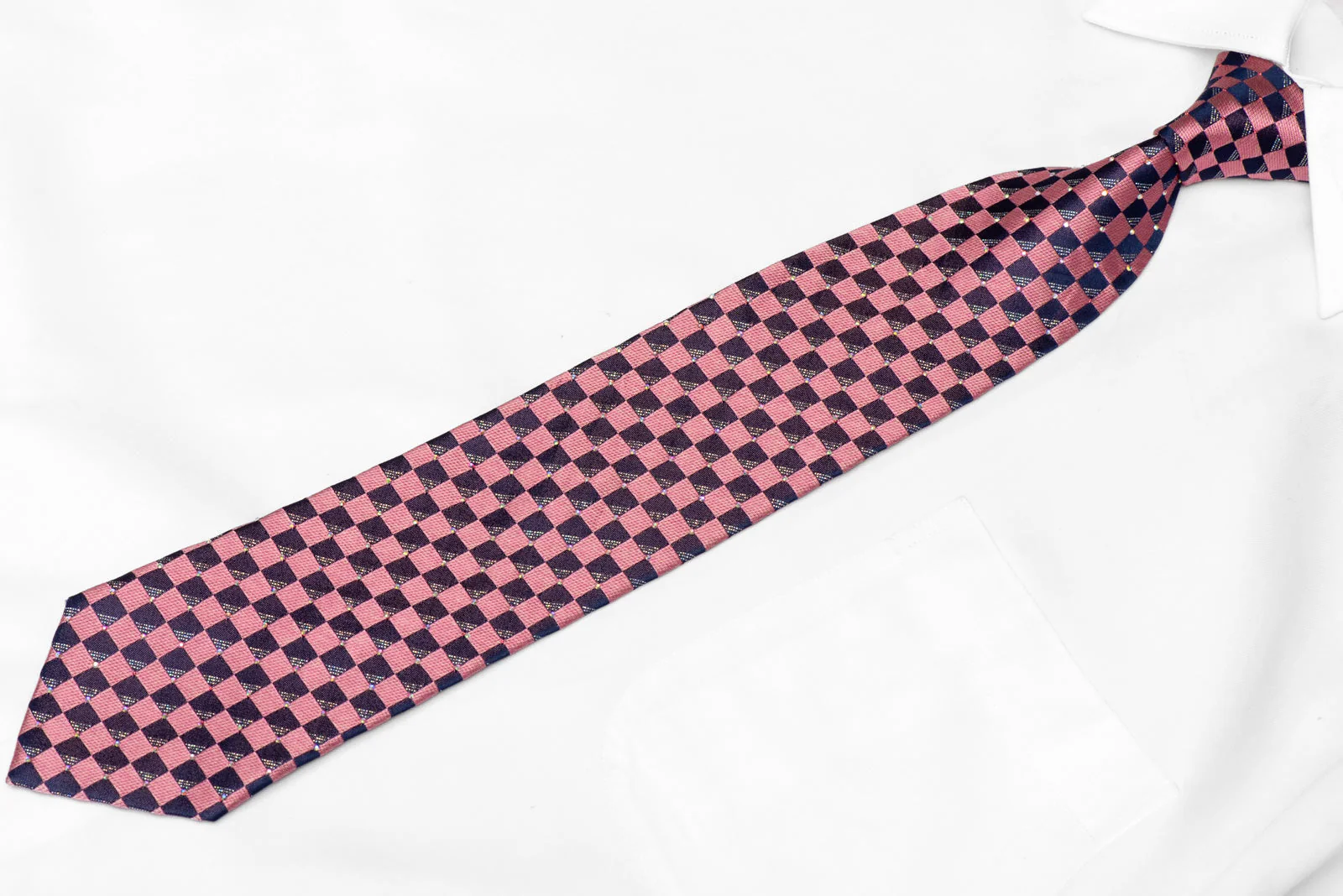 Pink Navy Checkered Rhinestone Silk Necktie With Silver Sparkles - Image 2