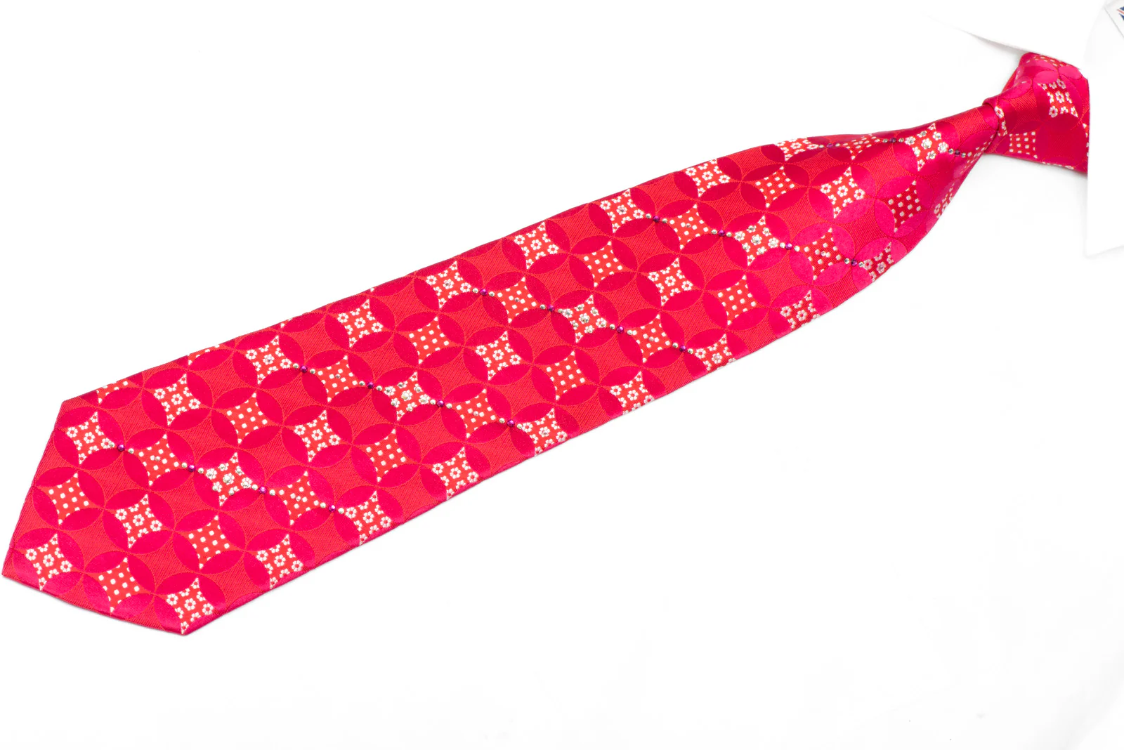 Pink Red Geometric Design Rhinestone Silk Necktie With Silver Sparkles - Image 2