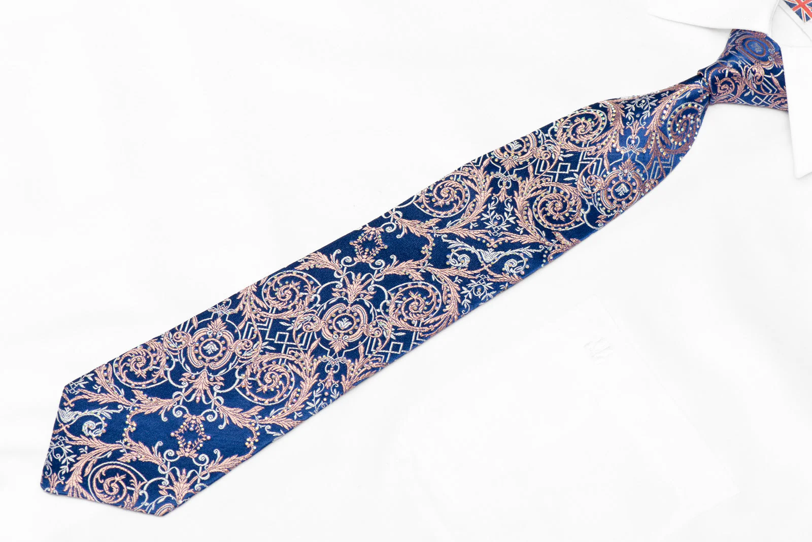 Pink Silver Anthemion Scrolls On Blue Rhinestone Tie With Sparkles - Image 2