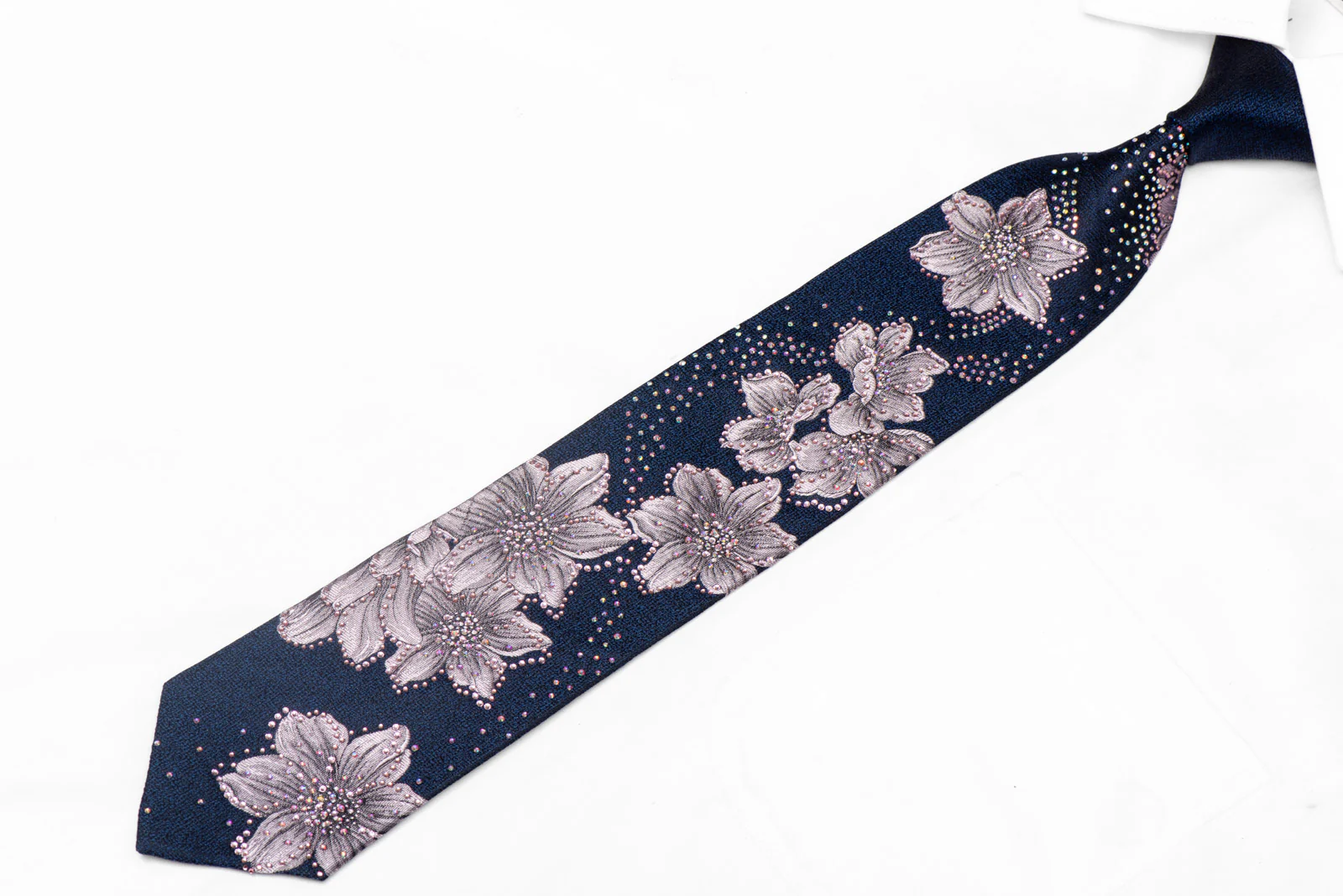 Pink Silver Floral On Navy Rhinestone Silk Tie - Image 2