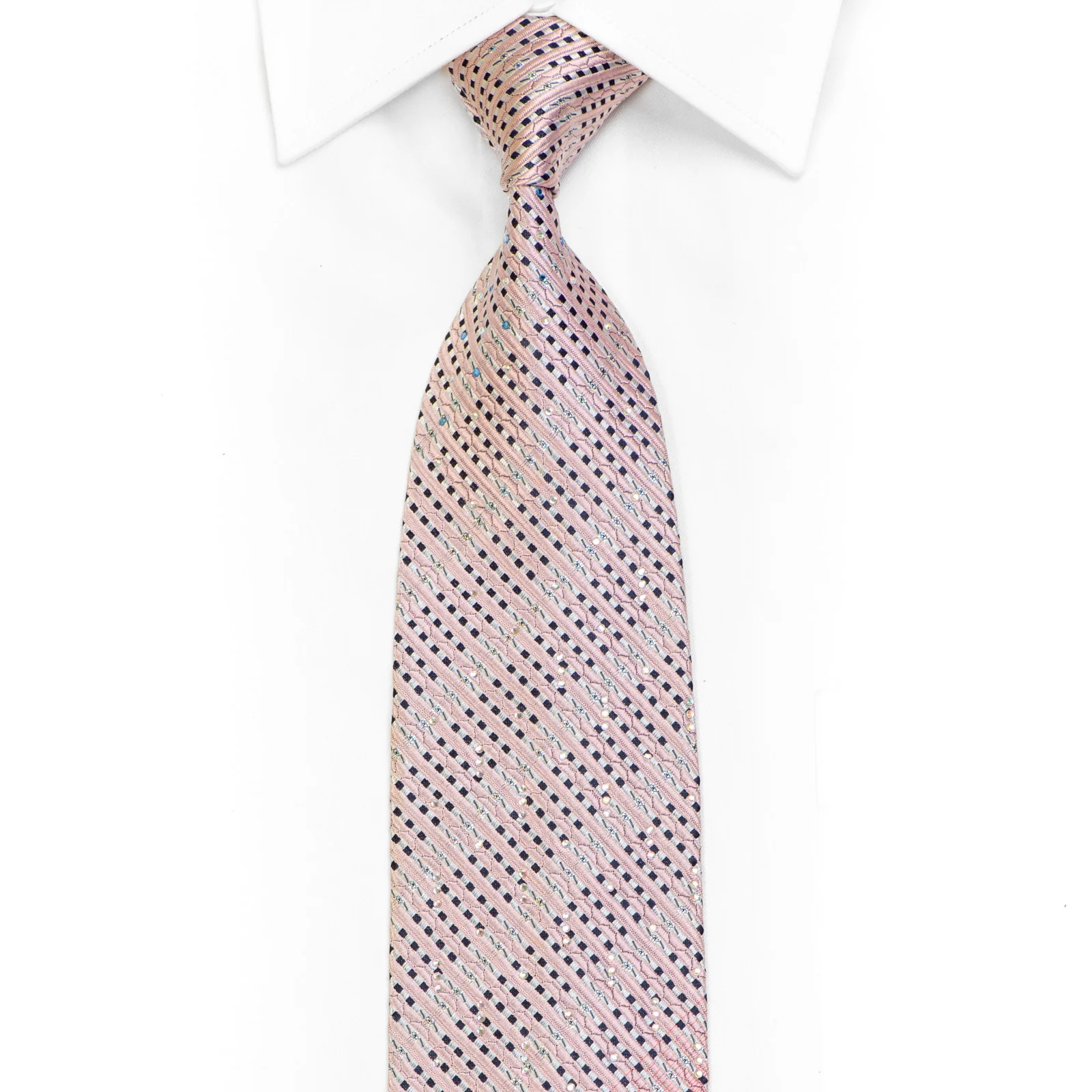 Pink Silver Striped Rhinestone Necktie With Silver Sparkles