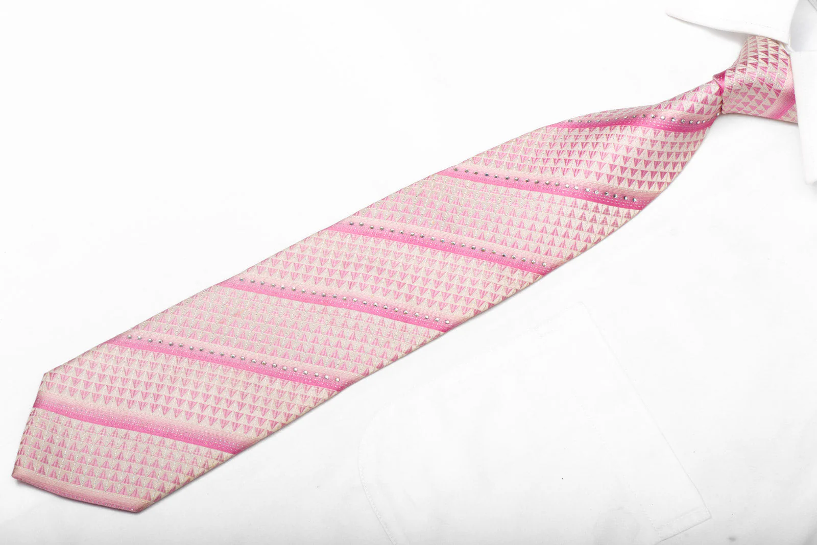 Pink Striped Rhinestone Silk Necktie With Silver Sparkles - Image 2