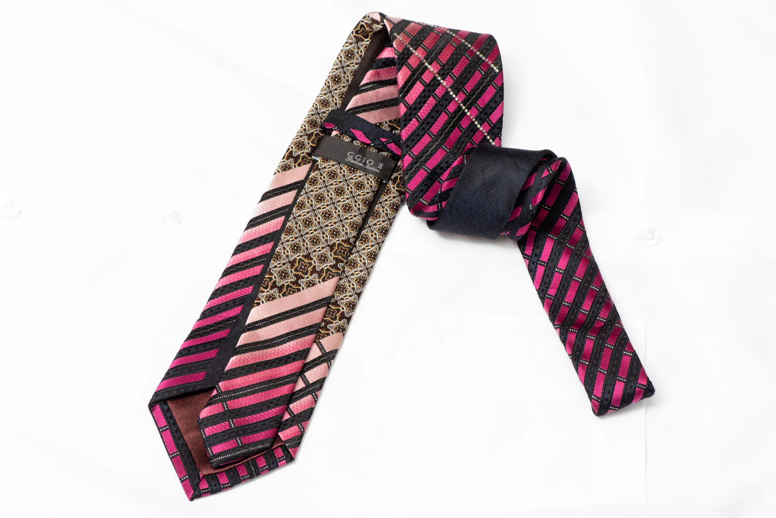 Pink Striped & Silver Geometric On Navy Rhinestone Silk Tie With Silver Sparkles - Image 3