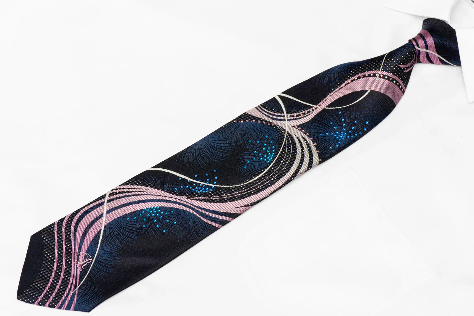 Pink Waves On Navy Rhinestone Silk Tie With Silver Sparkles - Image 2
