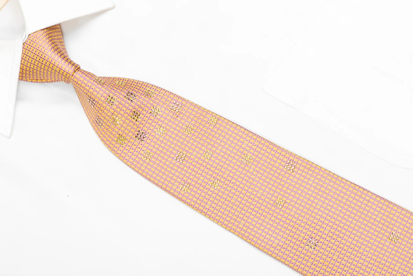 Pink Yellow Micro Trellis Rhinestone Silk Tie With Silver Sparkles - Image 2