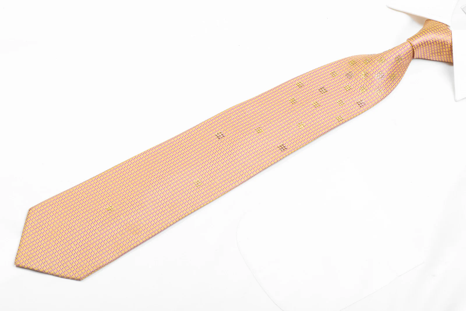 Pink Yellow Micro Trellis Rhinestone Silk Tie With Silver Sparkles - Image 3