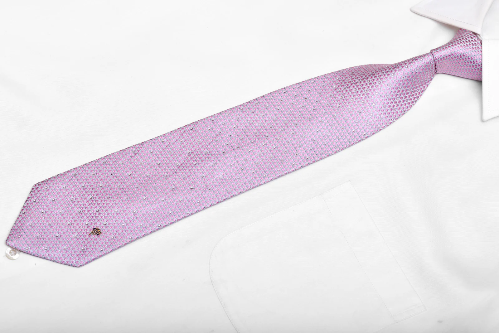 Pinkish Geometric On Mauve Rhinestone Silk Tie With Blue Sparkles - Image 3
