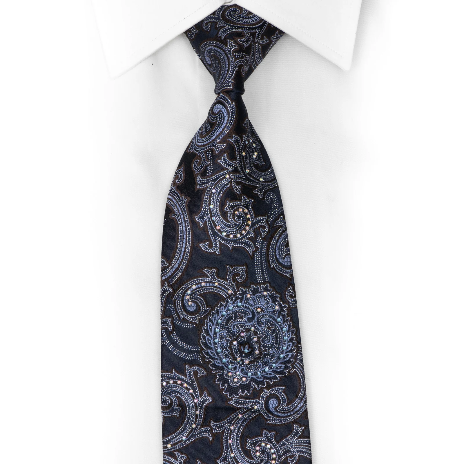 Acanthus On Navy Blue Rhinestone Silk Necktie With Silver Sparkles