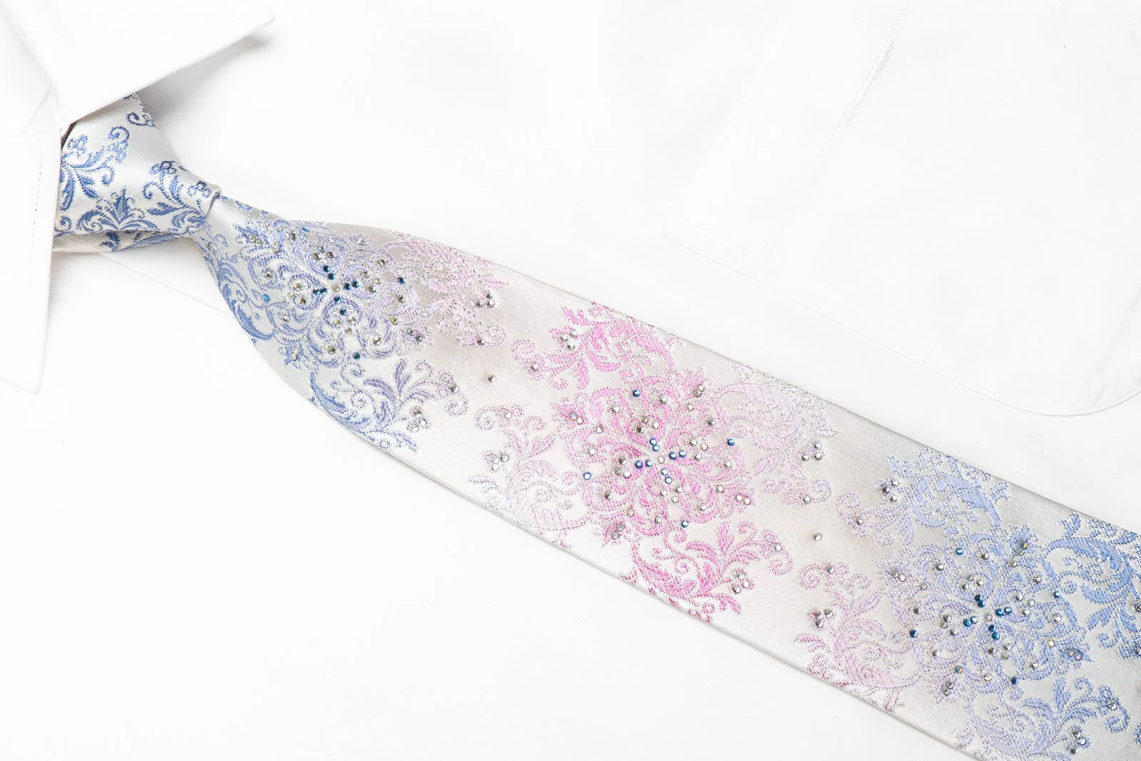 Premierlux Men's Crystal Rhinestone Tie Blue Pink Damask On White - Image 2