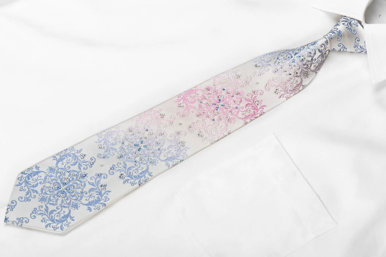 Premierlux Men's Crystal Rhinestone Tie Blue Pink Damask On White - Image 5
