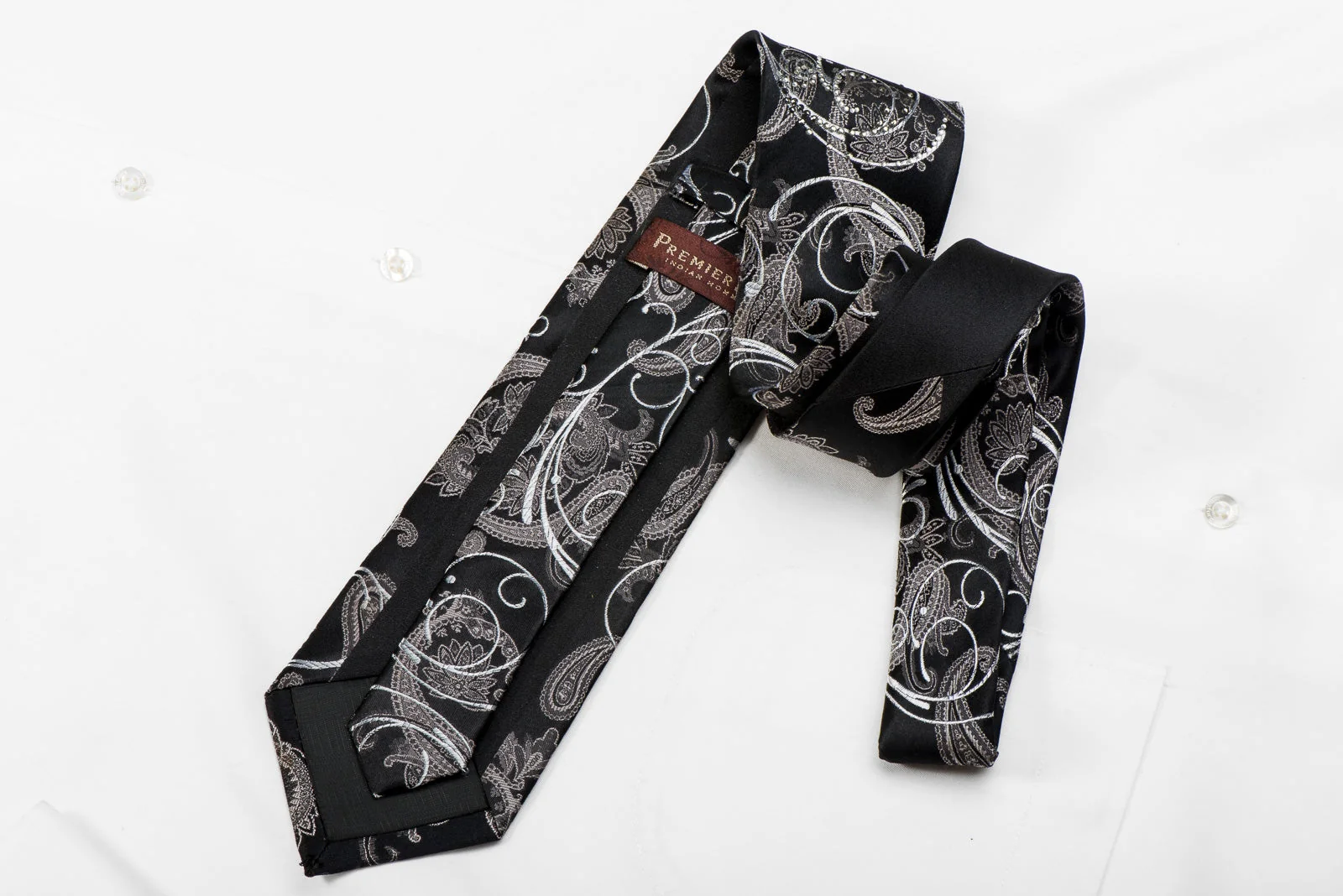 Silver Scrolls & Acanthus On Black Men's Crystal Silk Necktie With Silver Sparkles - Image 4