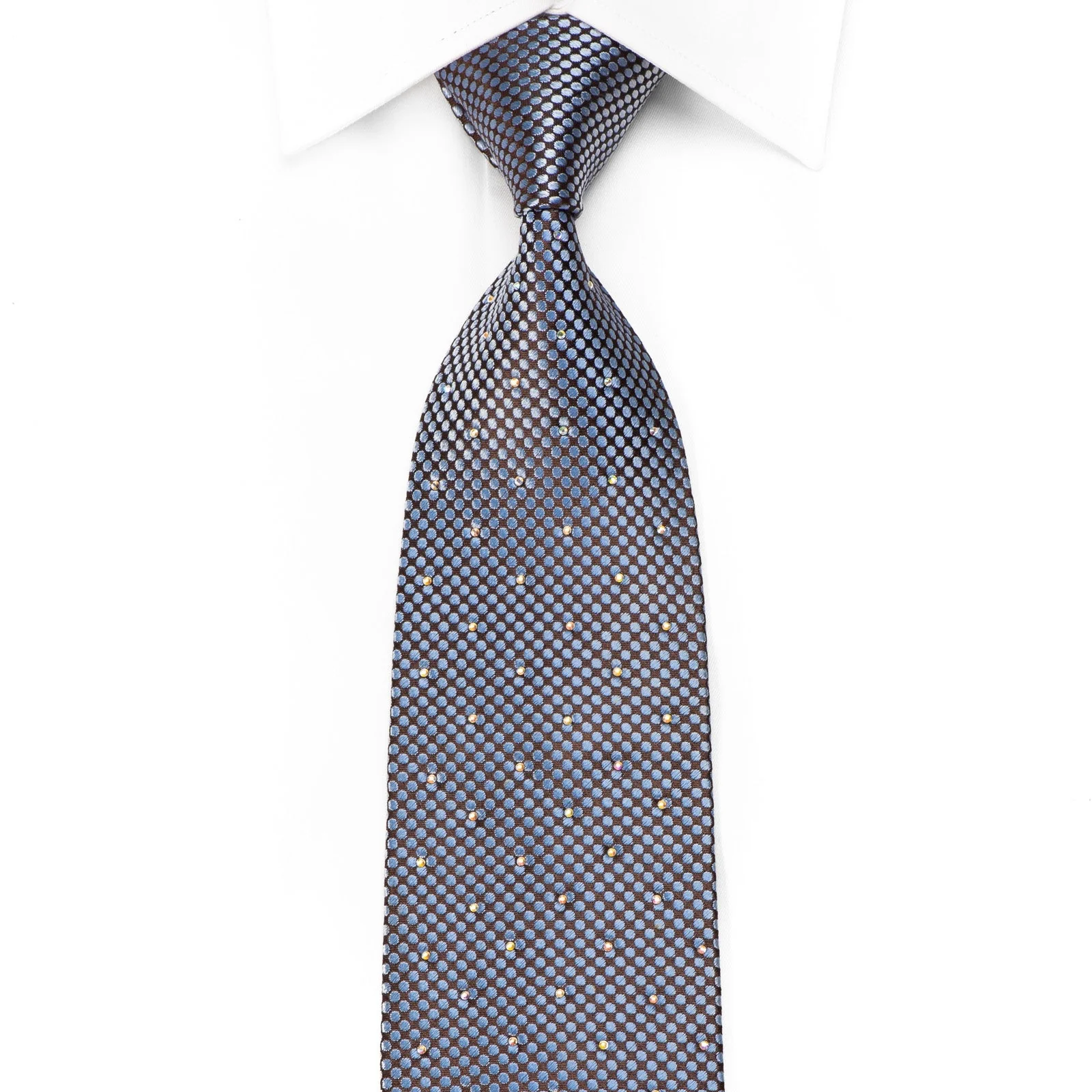 Premierlux Men's Crystal Silk Tie Blue Microdots On Brown Sparkling With AB Rhinestones