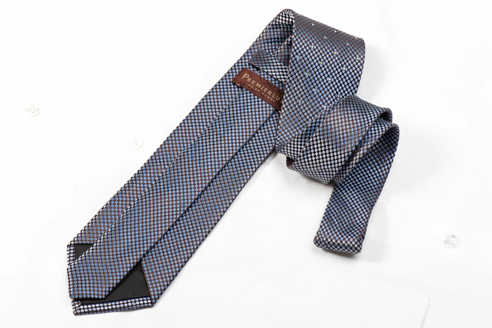 Premierlux Men's Crystal Silk Tie Blue Microdots On Brown Sparkling With AB Rhinestones - Image 2
