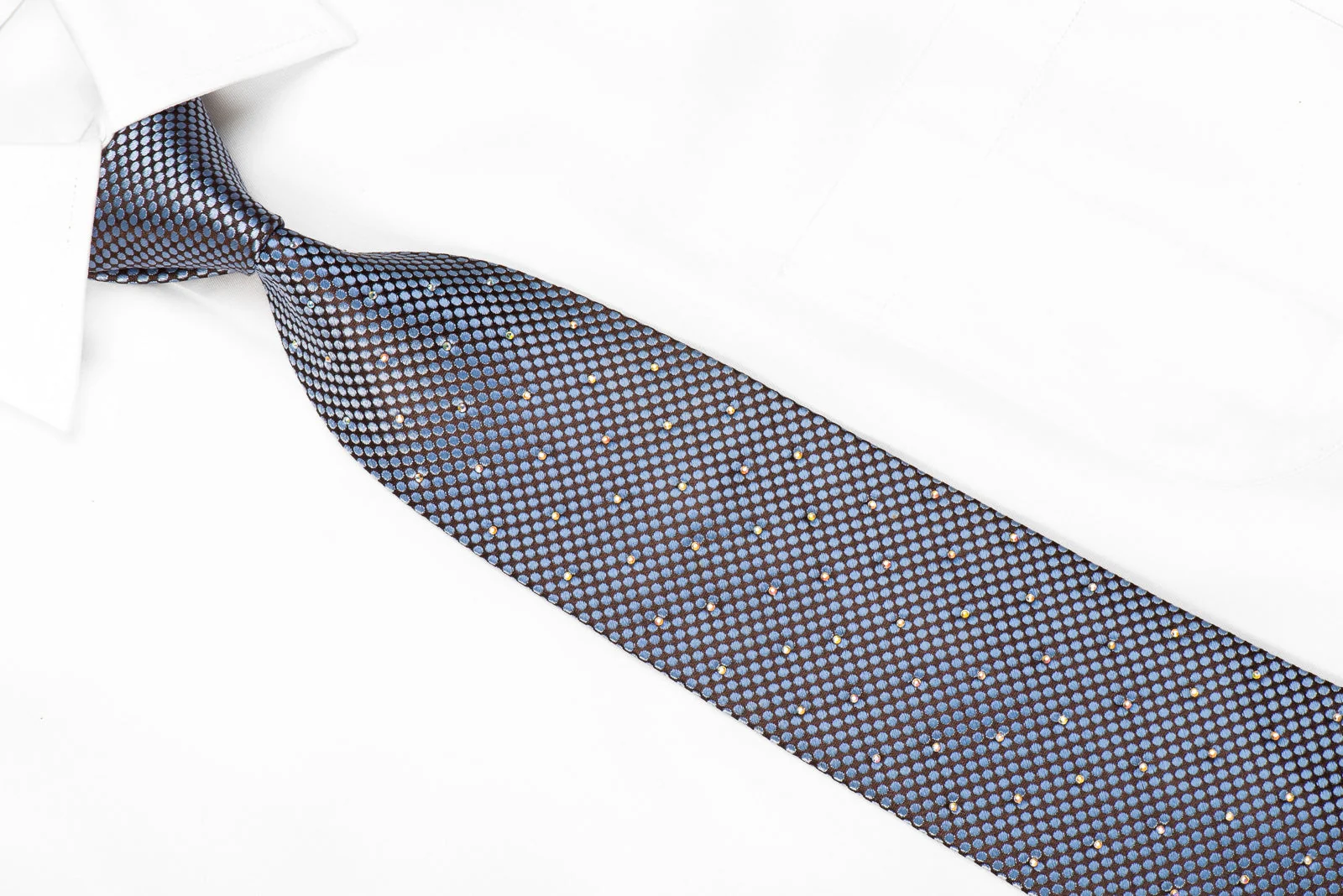 Premierlux Men's Crystal Silk Tie Blue Microdots On Brown Sparkling With AB Rhinestones - Image 3