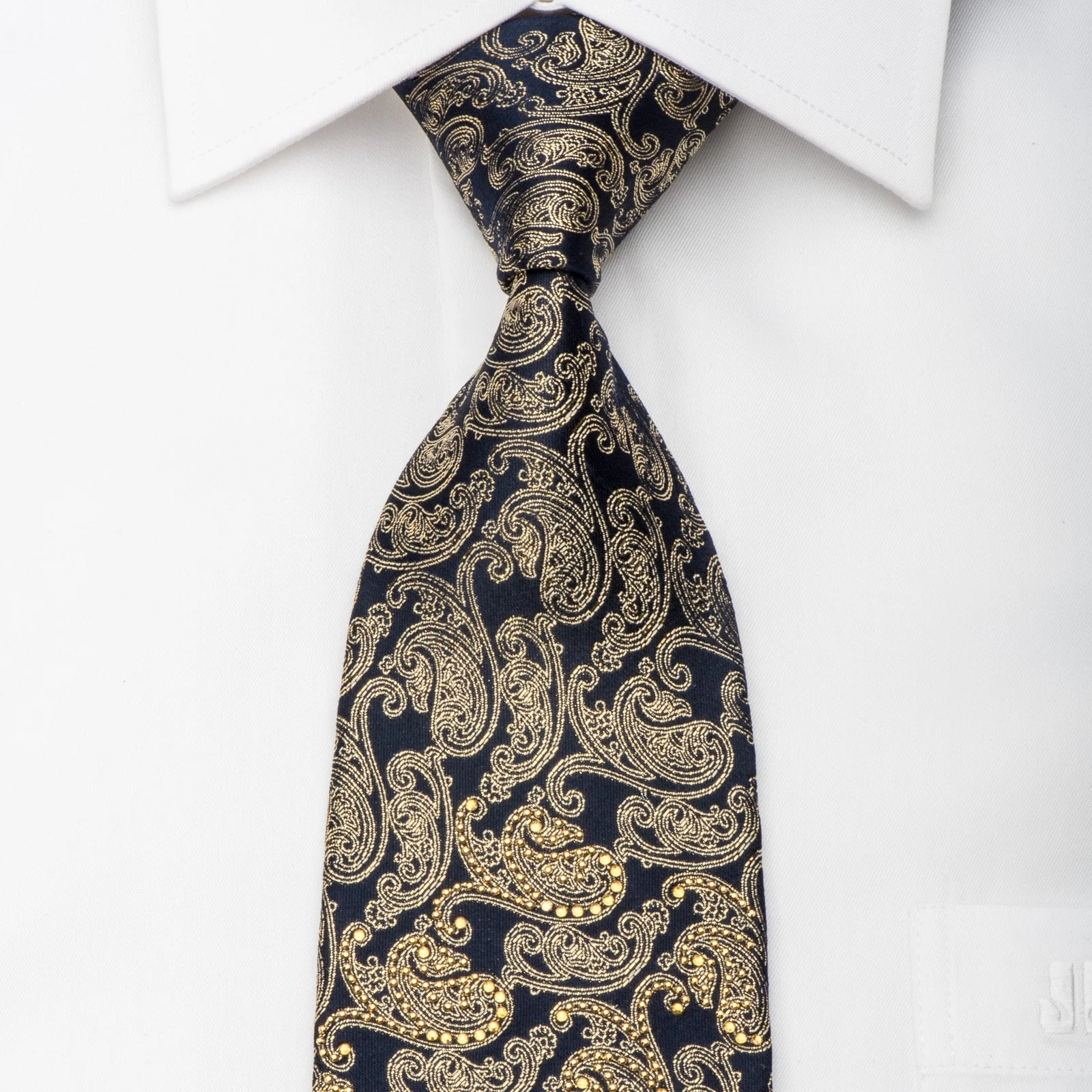 Premierlux Men's Rhinestone Silk Necktie Gold Paisley On Navy With Golden Sparkles