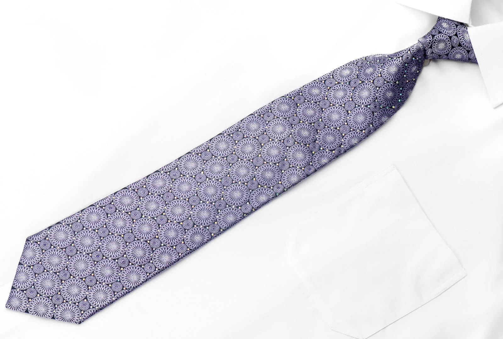 Silver Mauve Medallions On Navy Men's Rhinestone Silk Necktie With Silver Sparkles - Image 2