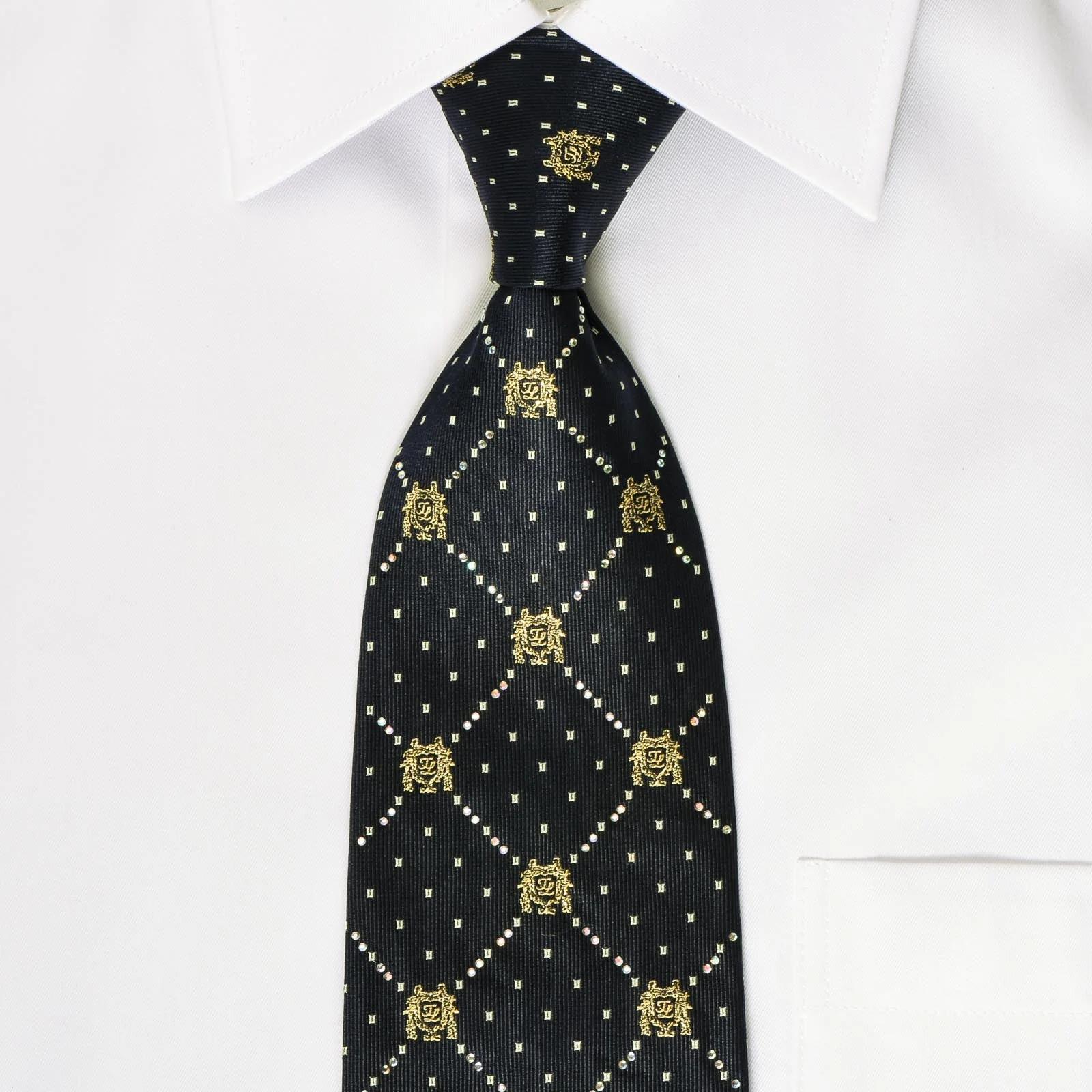 Premierlux Men's Silk Necktie Rhinestone Checked On Navy Blue - Image 2