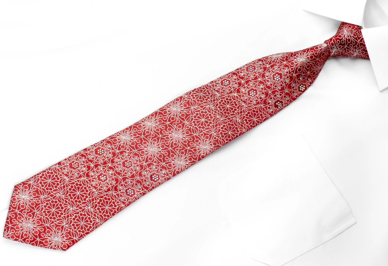 Men's Silk Rhinestone Necktie Silver Floral on Red With Silver Sparkles - Image 2