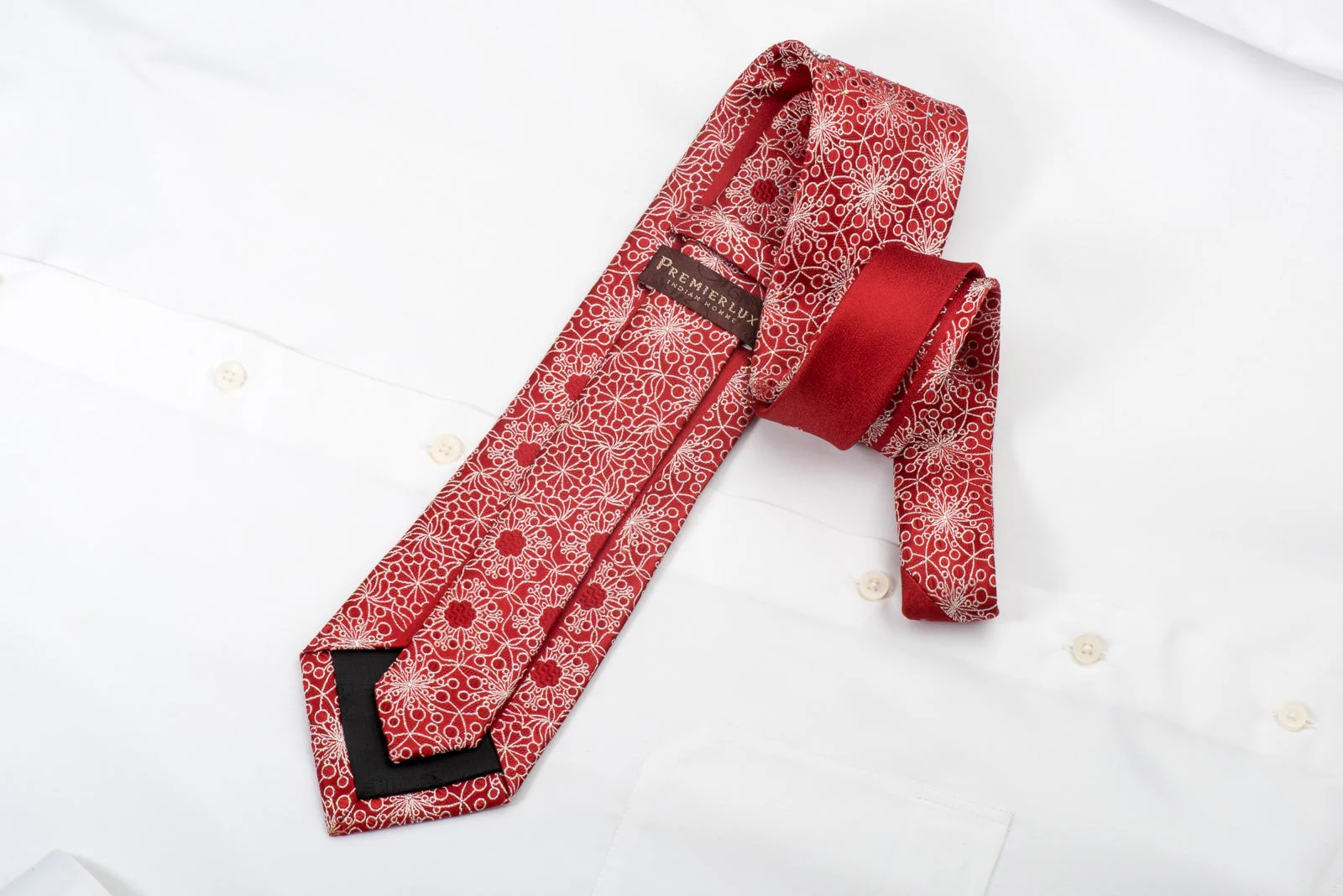 Men's Silk Rhinestone Necktie Silver Floral on Red With Silver Sparkles - Image 3