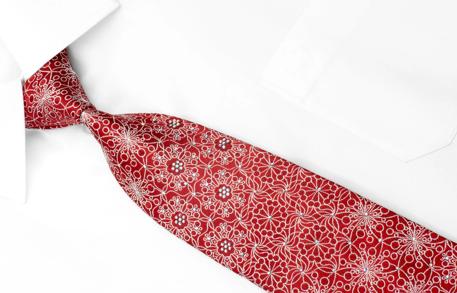 Men's Silk Rhinestone Necktie Silver Floral on Red With Silver Sparkles - Image 4