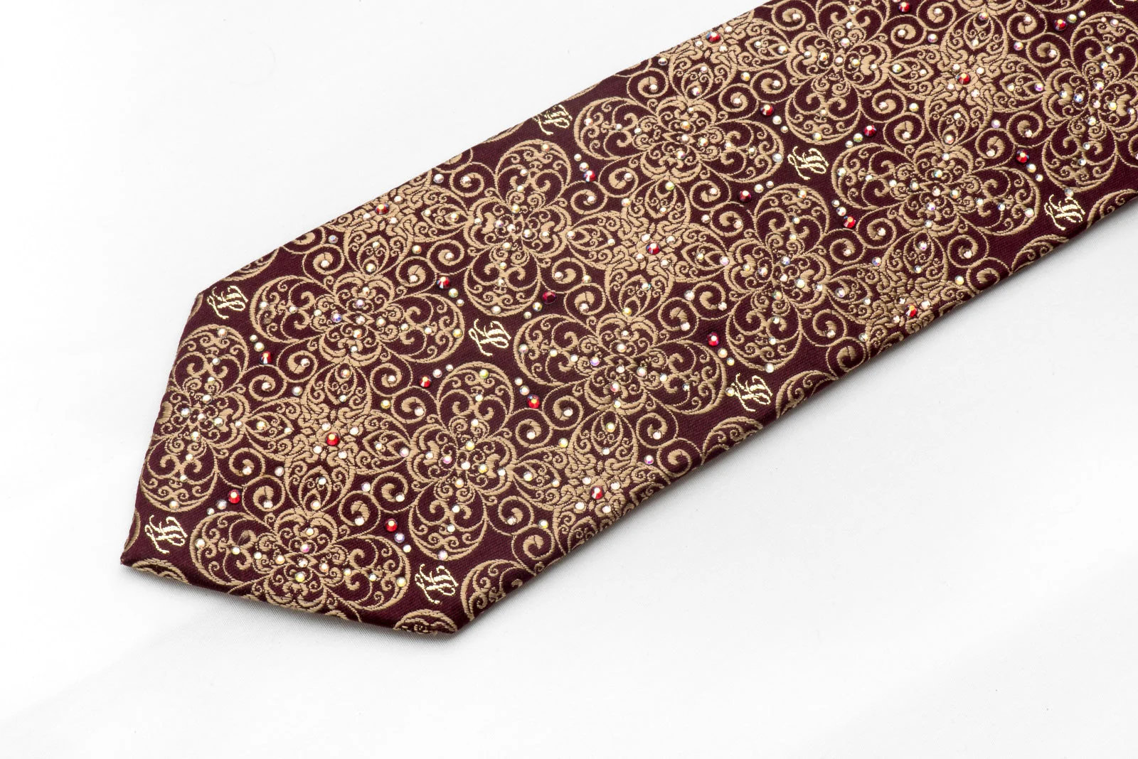 Men's Silk Tie Golden Filigree On Burgundy Sparkling With Rhinestones - Image 2