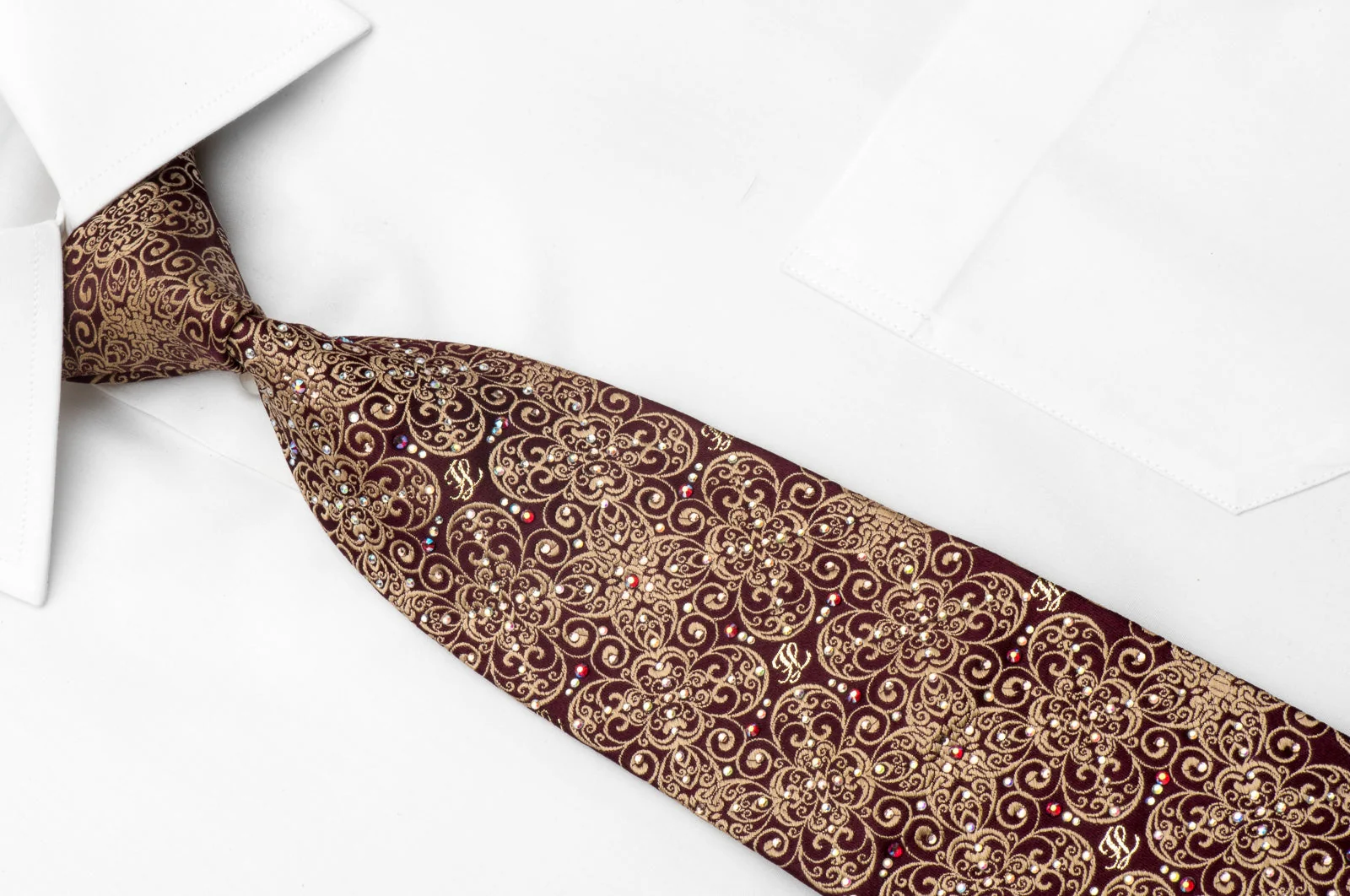 Men's Silk Tie Golden Filigree On Burgundy Sparkling With Rhinestones - Image 3