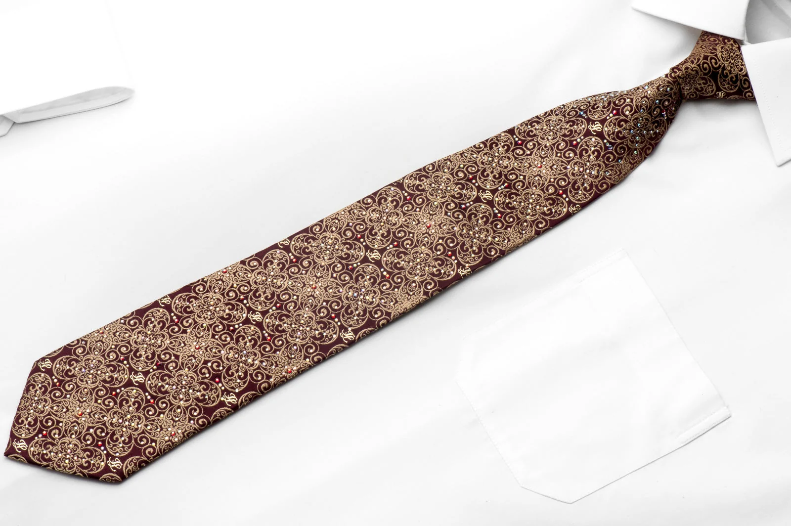 Men's Silk Tie Golden Filigree On Burgundy Sparkling With Rhinestones - Image 4