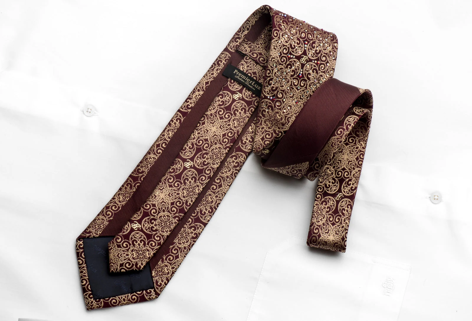 Men's Silk Tie Golden Filigree On Burgundy Sparkling With Rhinestones - Image 5