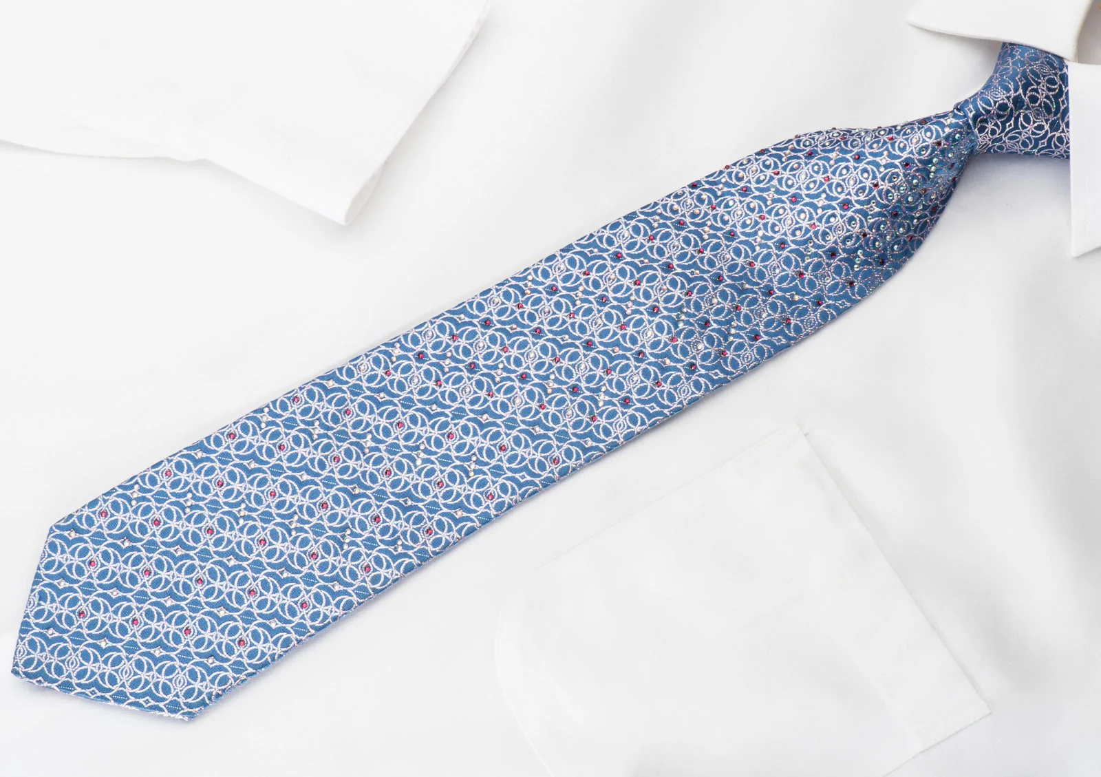 Silver Interlocking Circles On Blue Rhinestone Necktie With Silver Sparkles - Image 2
