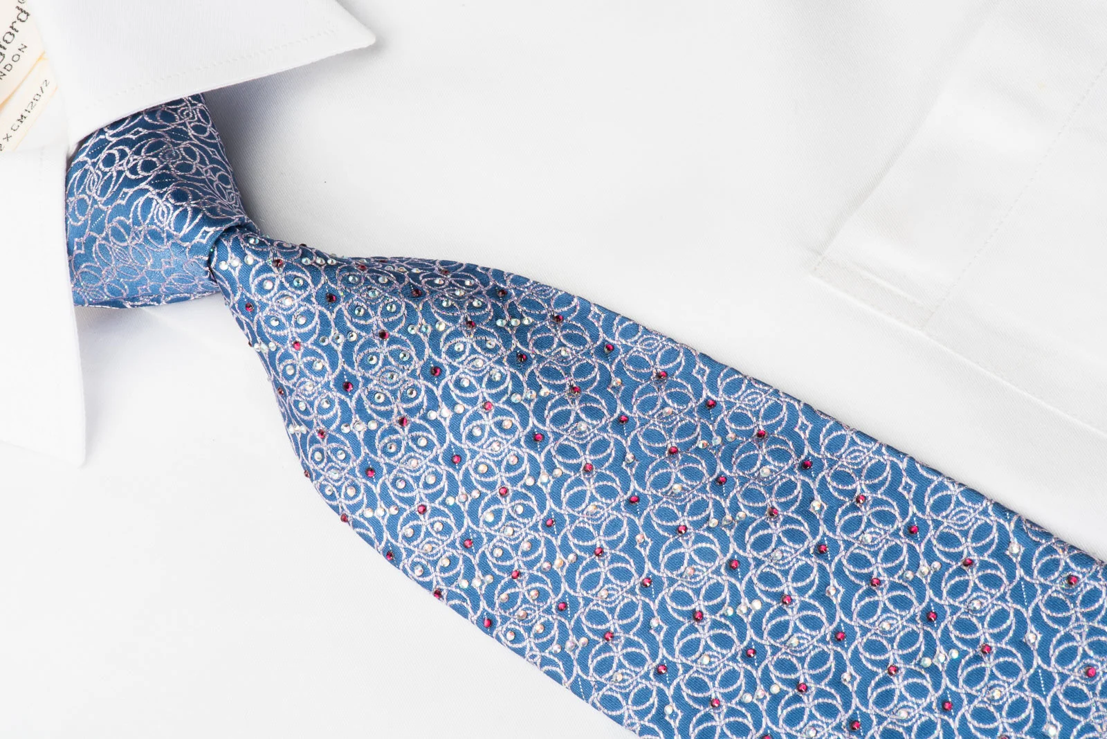 Silver Interlocking Circles On Blue Rhinestone Necktie With Silver Sparkles - Image 4