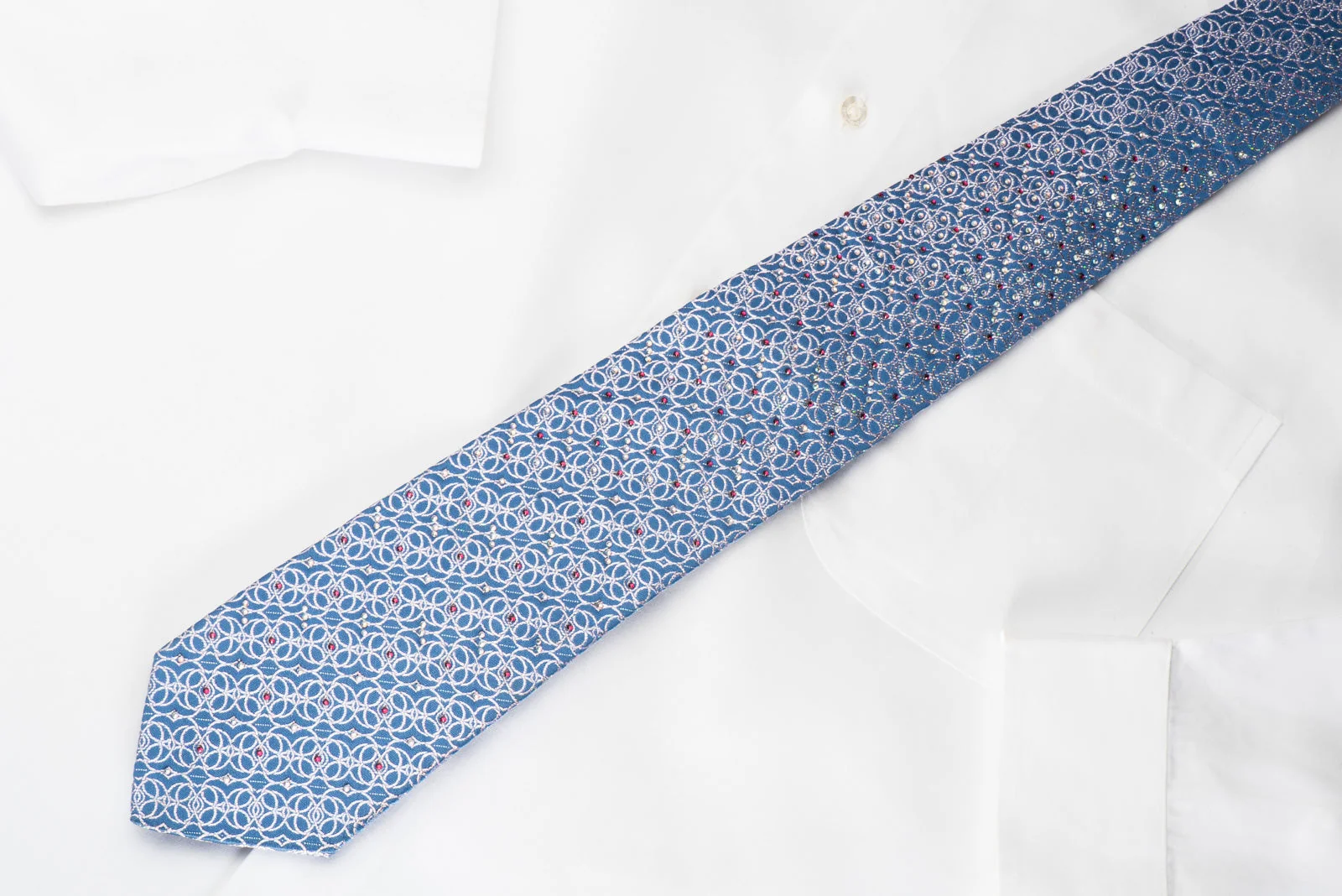 Silver Interlocking Circles On Blue Rhinestone Necktie With Silver Sparkles - Image 5