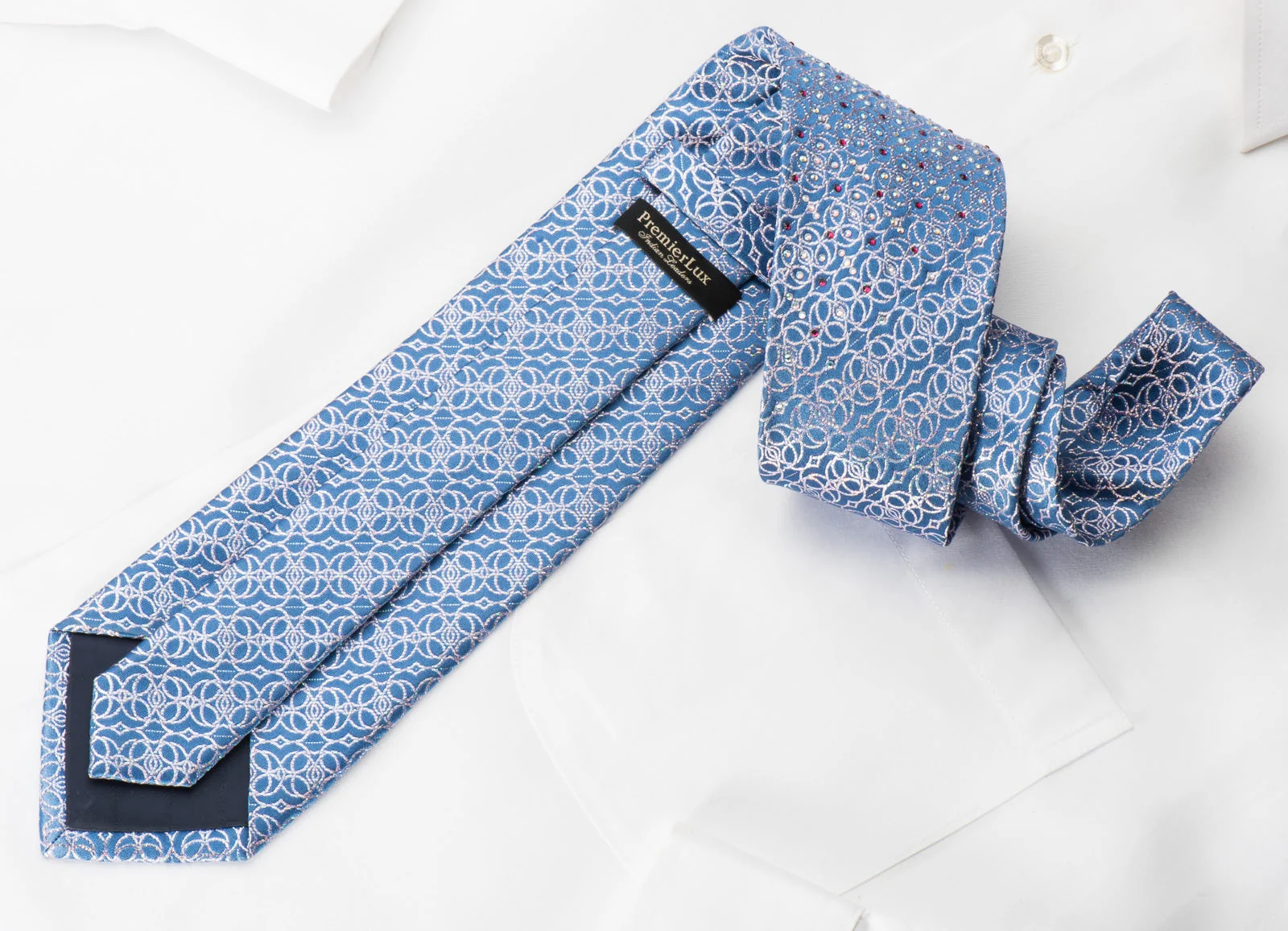Silver Interlocking Circles On Blue Rhinestone Necktie With Silver Sparkles - Image 6