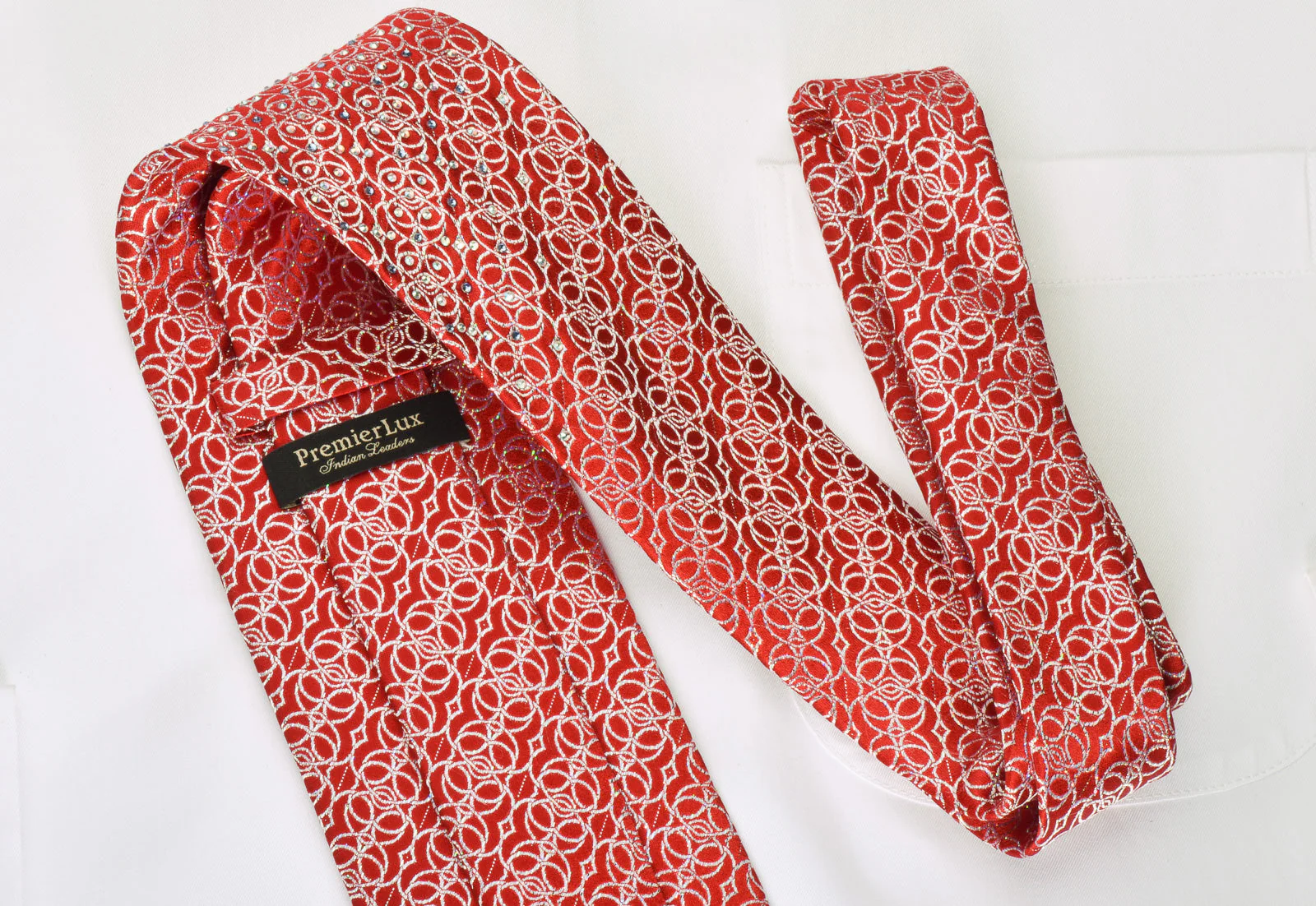 Interlocking Silver Circles On Red Rhinestone Tie With Silver Sparkles - Image 6