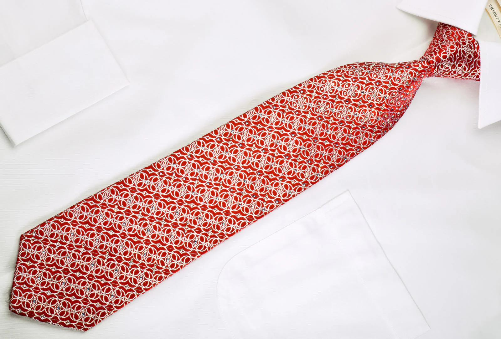 Interlocking Silver Circles On Red Rhinestone Tie With Silver Sparkles - Image 7
