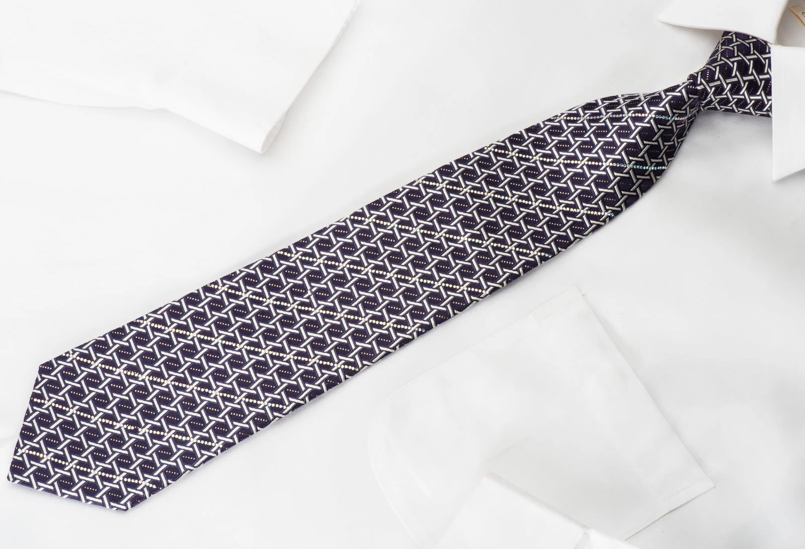 Silver Trellis On Purple Rhinestone Silk Tie With Silver Sparkles - Image 4