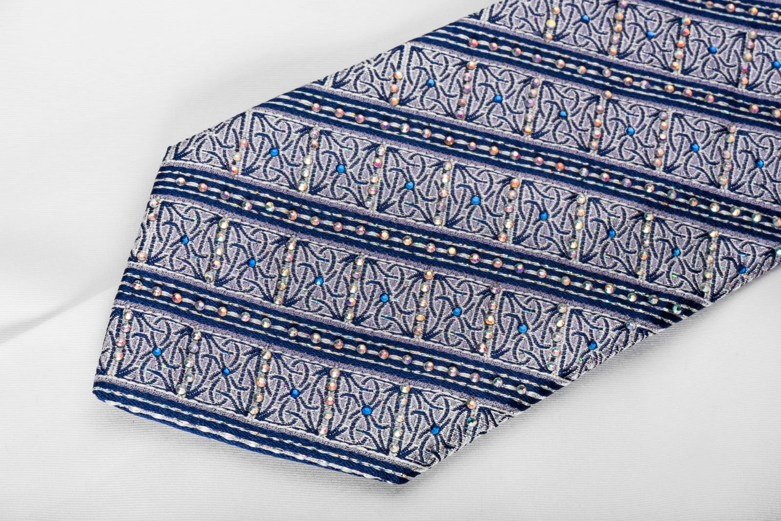 Blue Stripes On Silver With Silver Sparkles Rhinestone Silk Necktie - Image 4