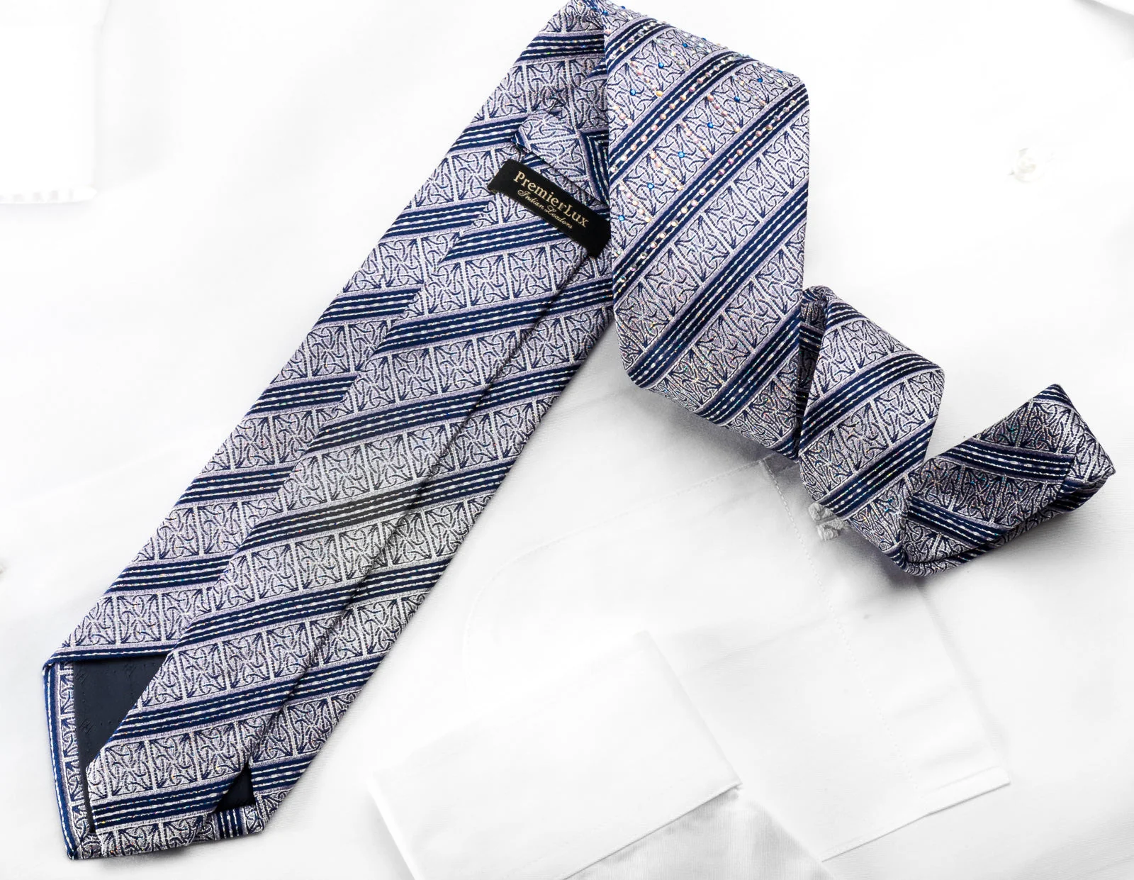 Blue Stripes On Silver With Silver Sparkles Rhinestone Silk Necktie - Image 5