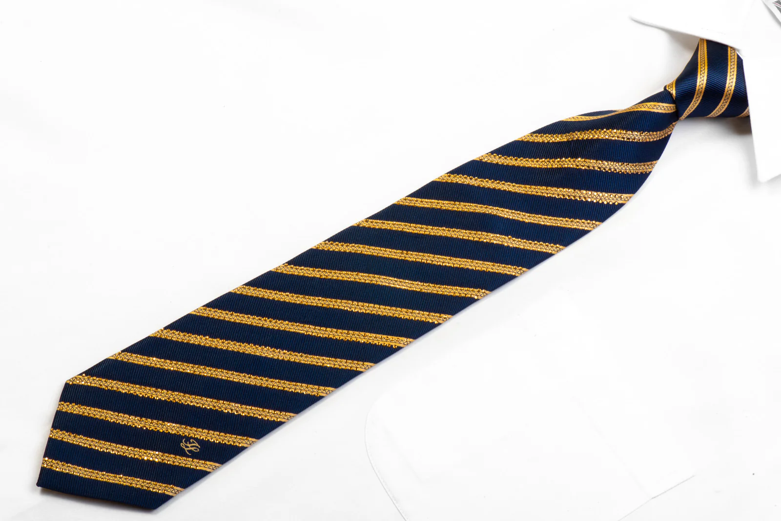 Rhinestone Silk Necktie Gold Striped On Navy Blue - Image 3