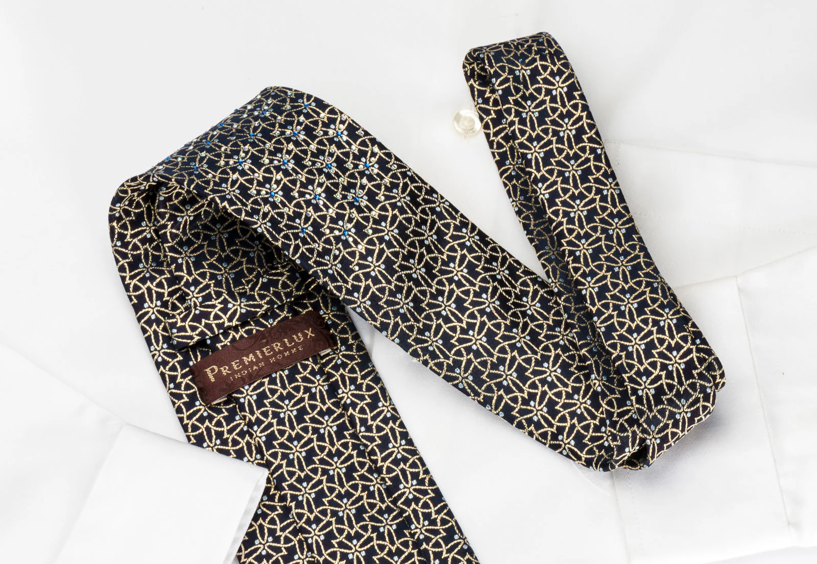 Golden Trellis On Navy Rhinestone Silk Necktie With Golden Sparkles - Image 5