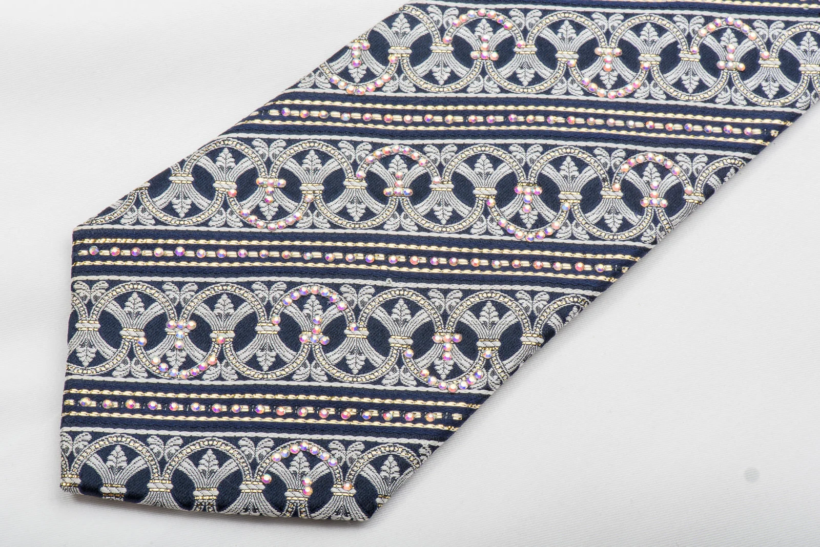 Premierlux Mens Rhinestone Silk Necktie Silver Cartouche On Navy With Sparkles - Image 2