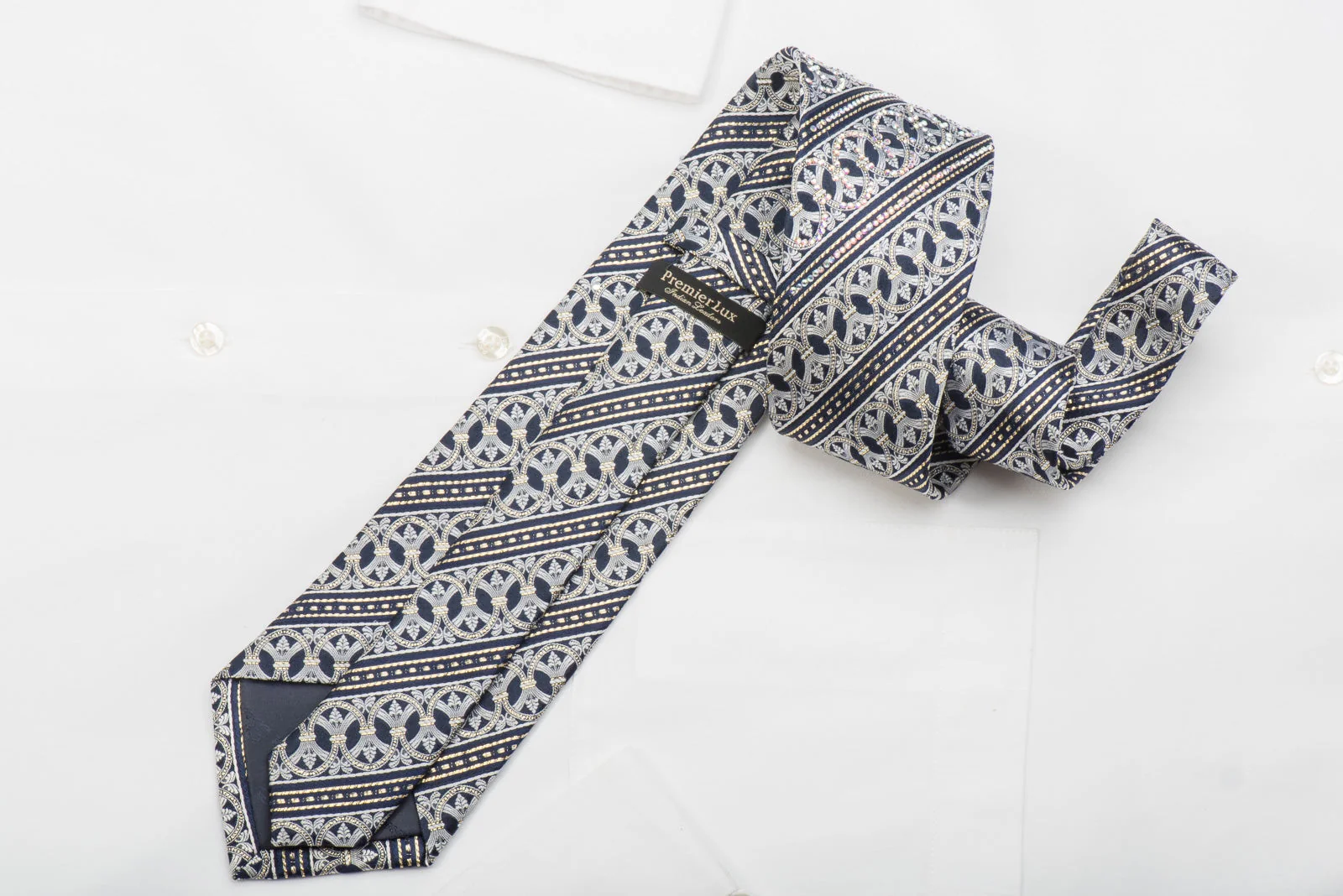 Premierlux Mens Rhinestone Silk Necktie Silver Cartouche On Navy With Sparkles - Image 3
