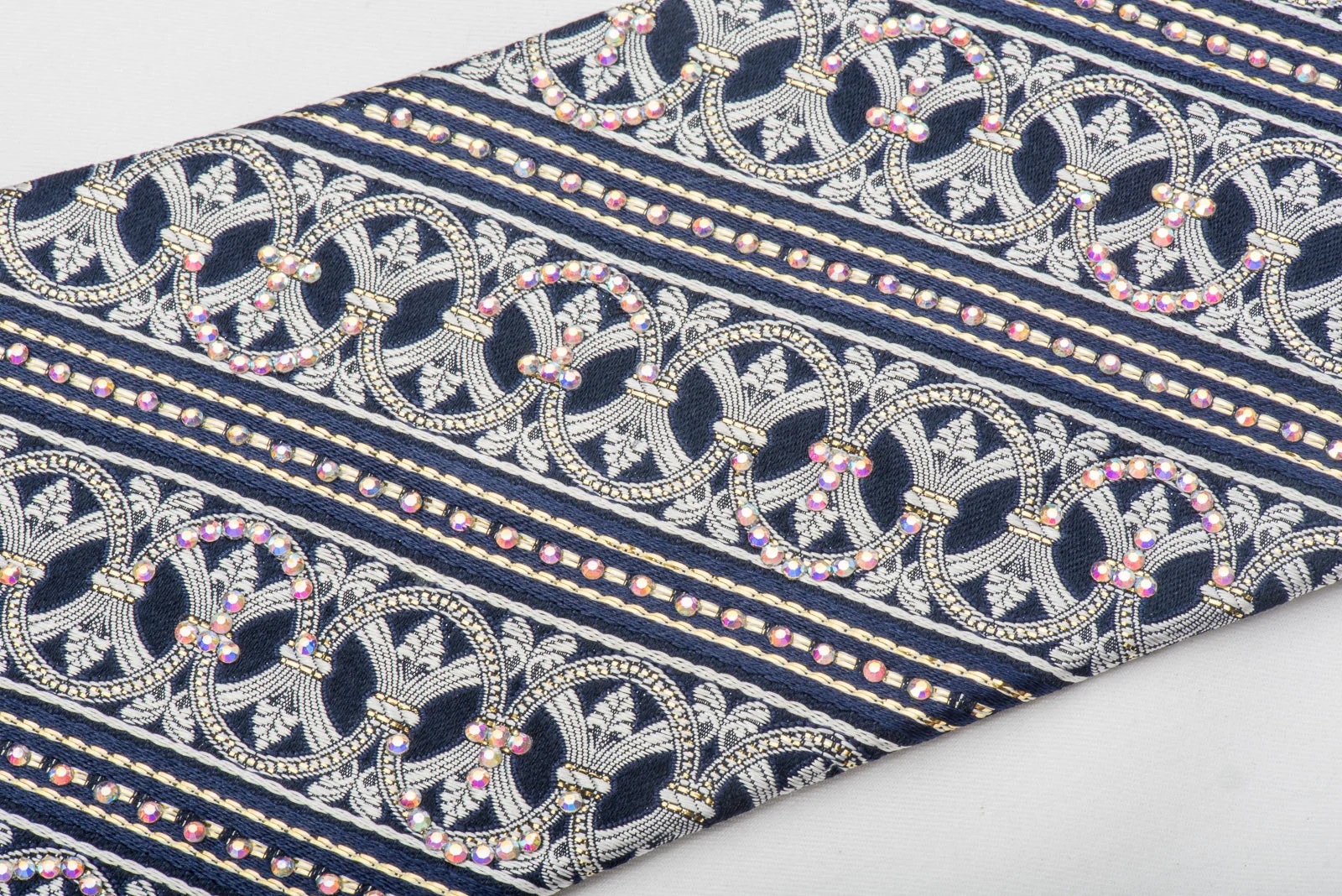 Premierlux Mens Rhinestone Silk Necktie Silver Cartouche On Navy With Sparkles - Image 4